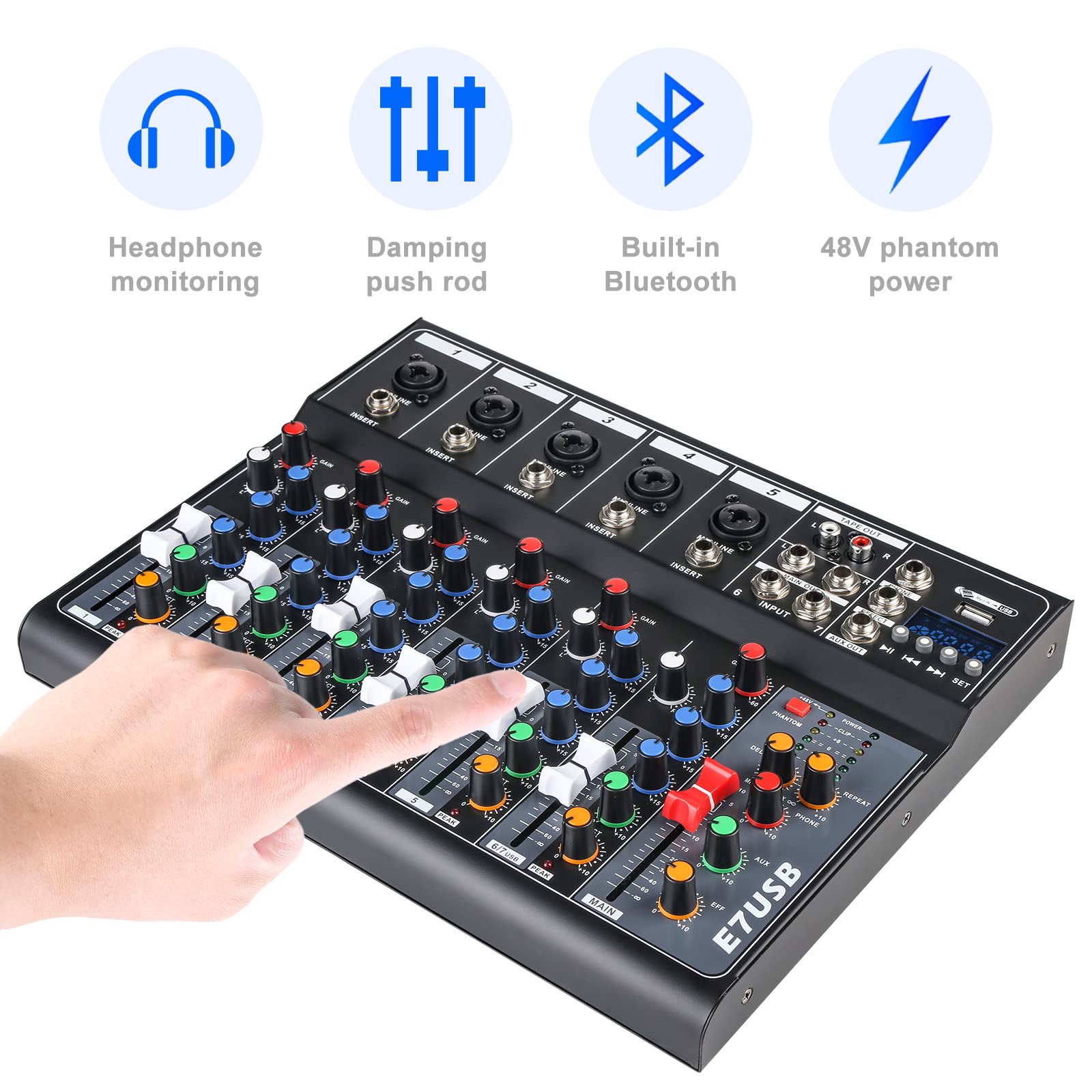Dj Mixers 7 Channel Audio Mixer Sound Board With Bluetooth, Usb Audio Interface With 48V Phantom Power Sounds Mixer Board With F