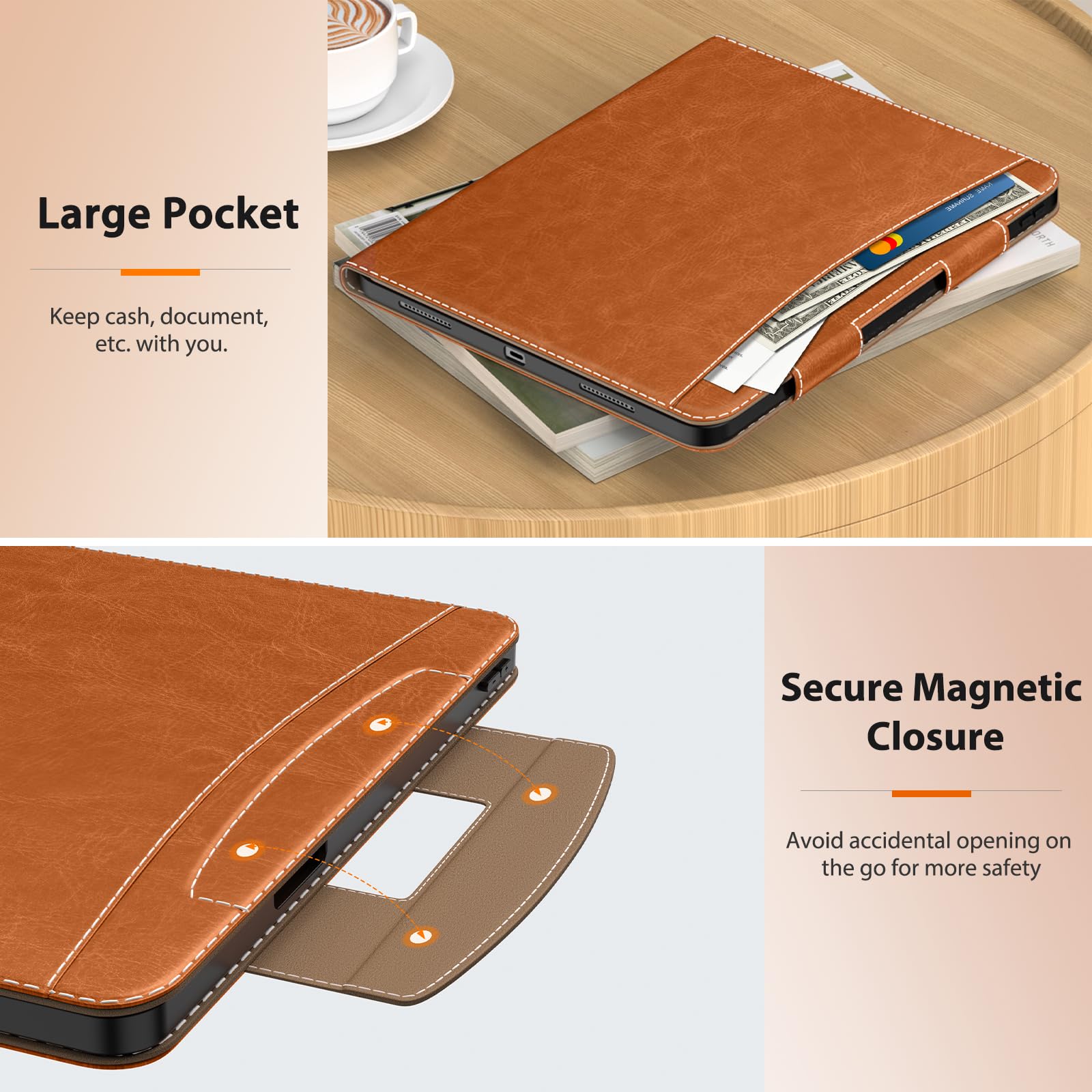 MoKo for iPad Pro 13 Inch Case 2024 (M4) with Pencil Holder & Pocket, Built in Hand Strap, Multi Angle Viewing, Premium PU Leather Folio Cover for iPad Pro 13 2024, Brown