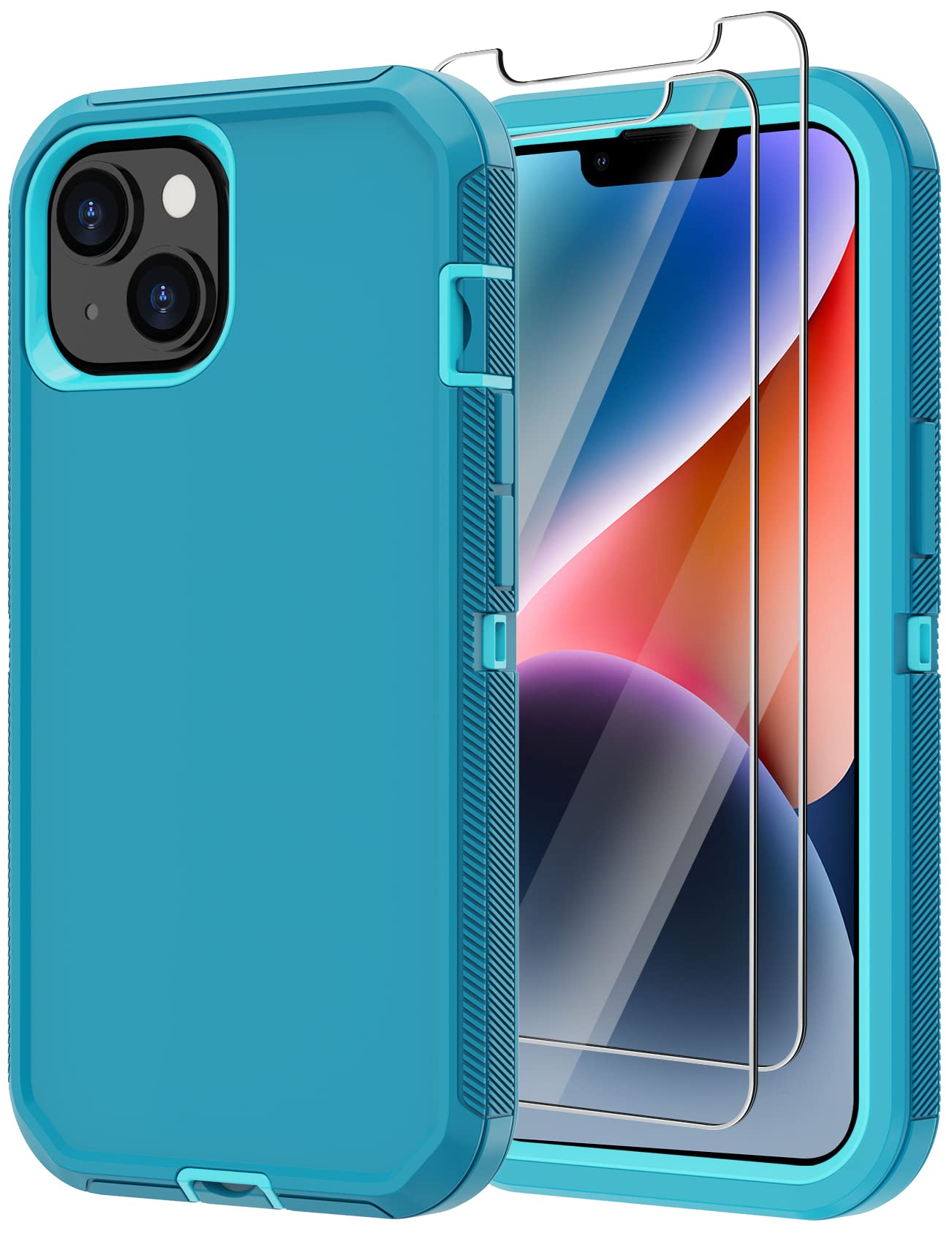 Annymall Iphone 14 Rugged Case (6.1'')   Heavy Duty 3 Layer Shockproof, Dropproof & Dustproof W/ 2 Screen Protectors (Lake/Sky B