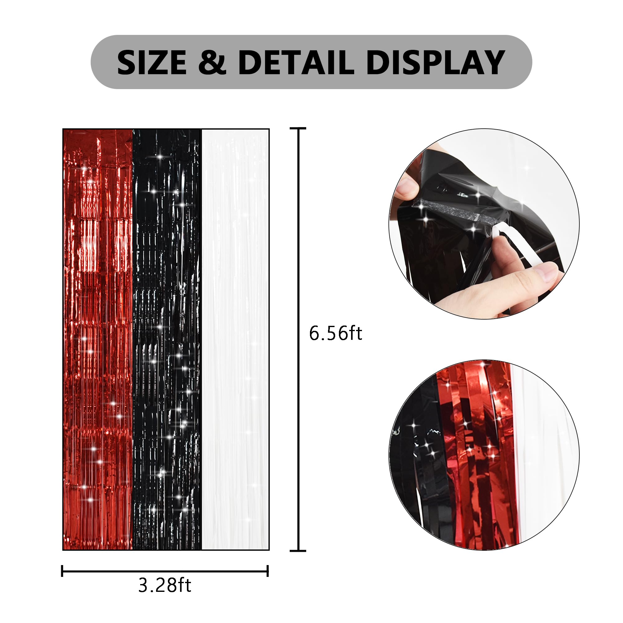 Toniful Black Red White Door Streamers,Black Red And White Photo Booth Backdrop Metallic Streamers Foil Fringe Curtain For Birth