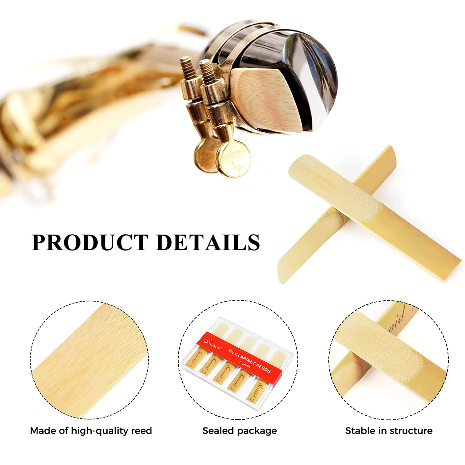 Sovvid 10 Pack Bb Clarinet Reeds With Plastic Box, Strength 2.5 Reeds For Clarinet, Thinner Reed Tip & Unfiled Cut For Easy Of Play, Traditional Reeds For Clarinet Beginner And Player