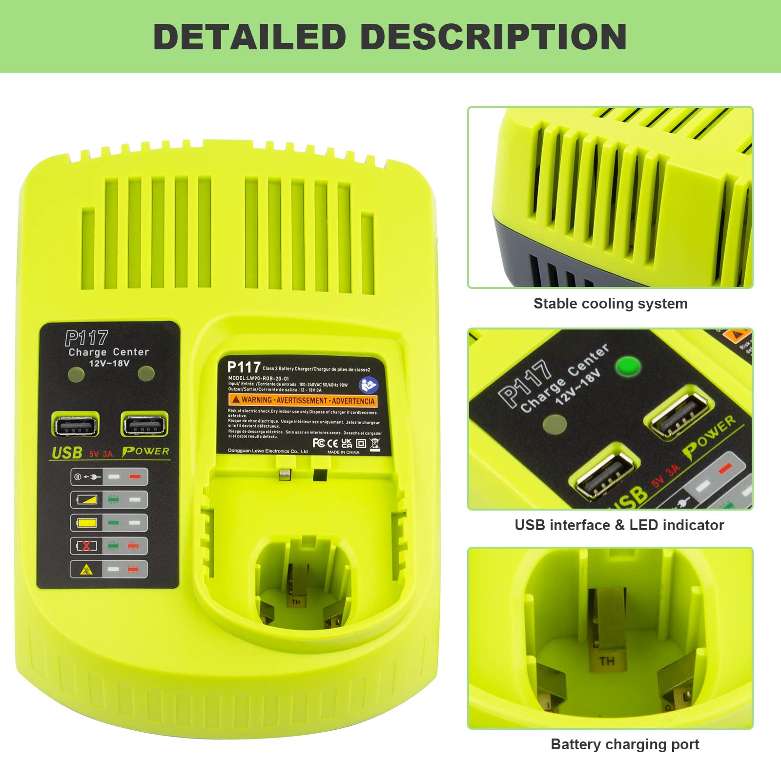 Replacement Ryobi P117 P118 P119 Dual Chemistry Charger Li Ion & Ni Cad Ni Mh Battery Charger 12V 18V Max For Ryobi One+ Plus Ba