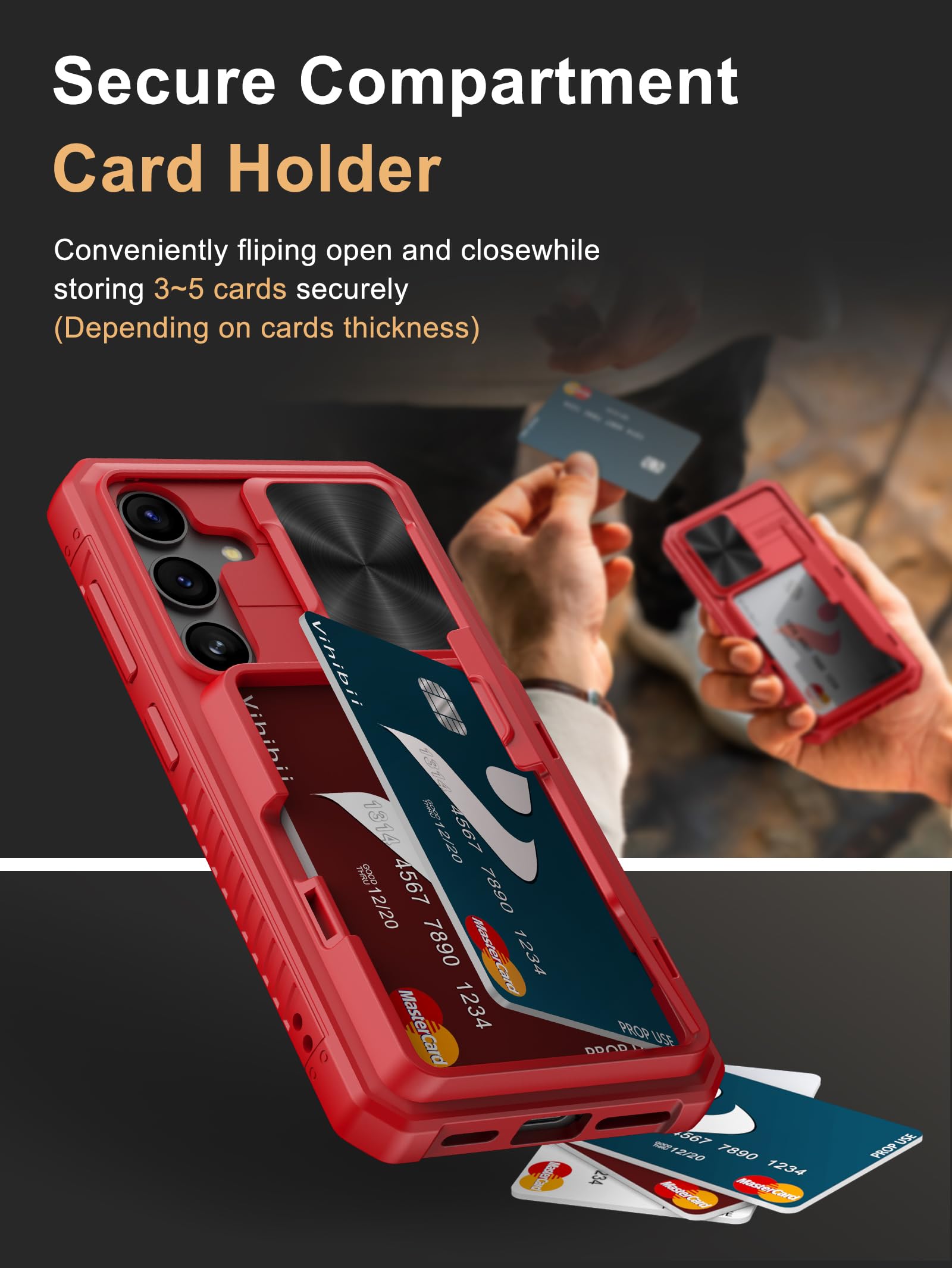 Vihibii For Samsung Galaxy S24 Wallet Case With Card Holder (4 Cards) & Slide Lens Cover & Kickstand & Raised Edges Protect Scre