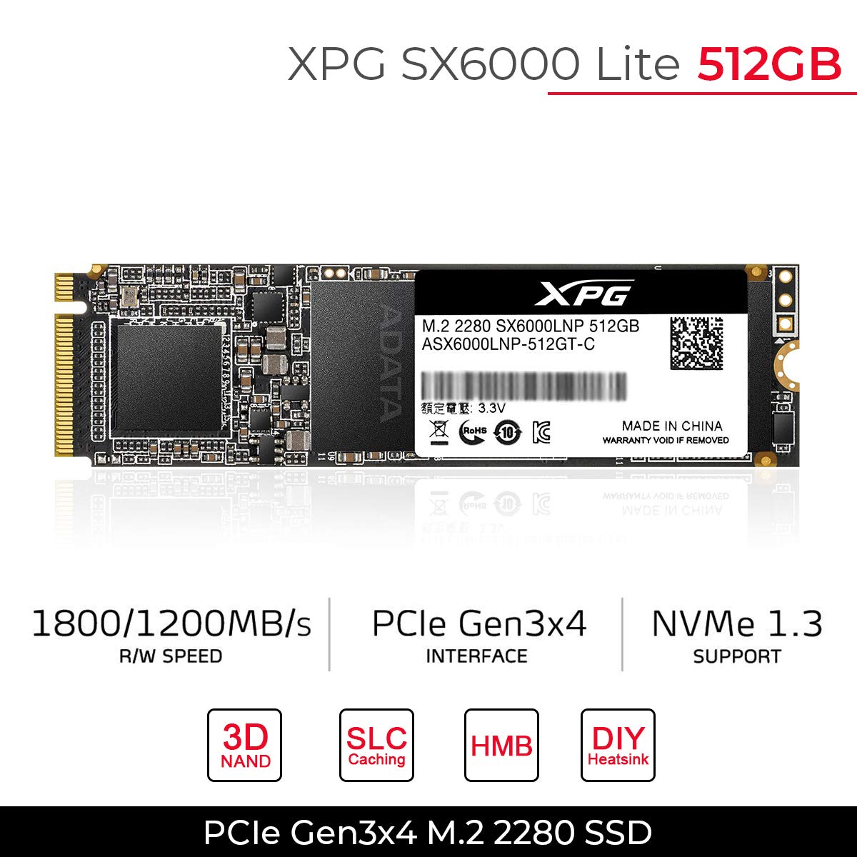Xpg Sx6000 Lite 512Gb Pcie 3D Nand Pcie Gen3X4 M.2 2280 Nvme 1.3 R/W Up To 1800/1200Mb/S Ssd (Asx6000Lnp 512Gt C)
