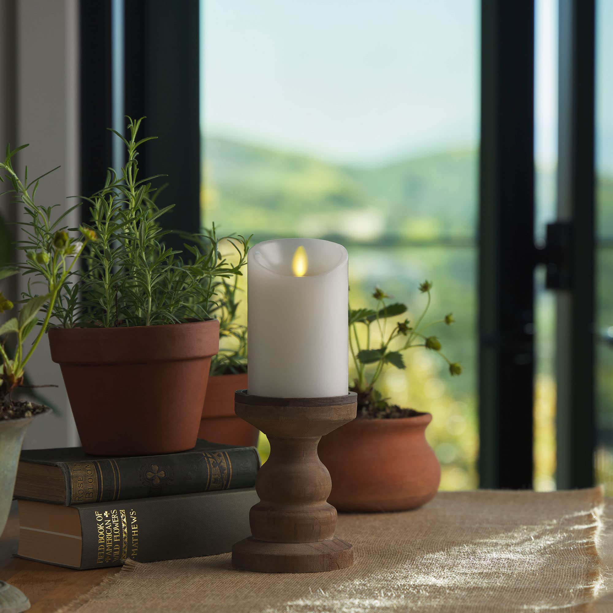 Luminara Flickering Flameless White 4.5'' Scalloped Edge Pillar Candle   Warm Led Light Flame   2 C Battery Operated Decor For D