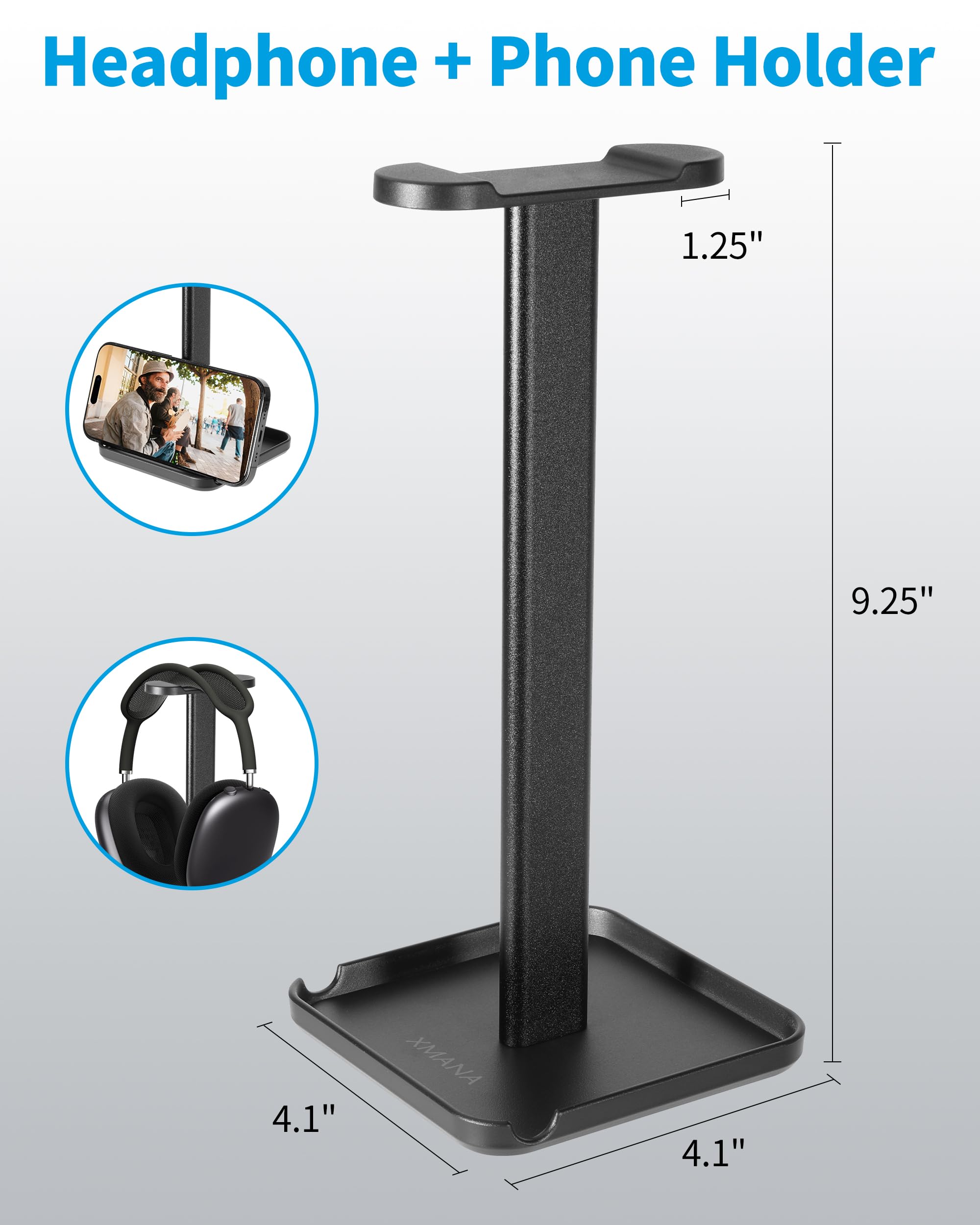 Xmana 2 In 1 Aluminum Headphone Stand & Phone Holder Rack   Sleek, Sturdy & Ergonomic Design Gaming Headset Stand For Desk Organ