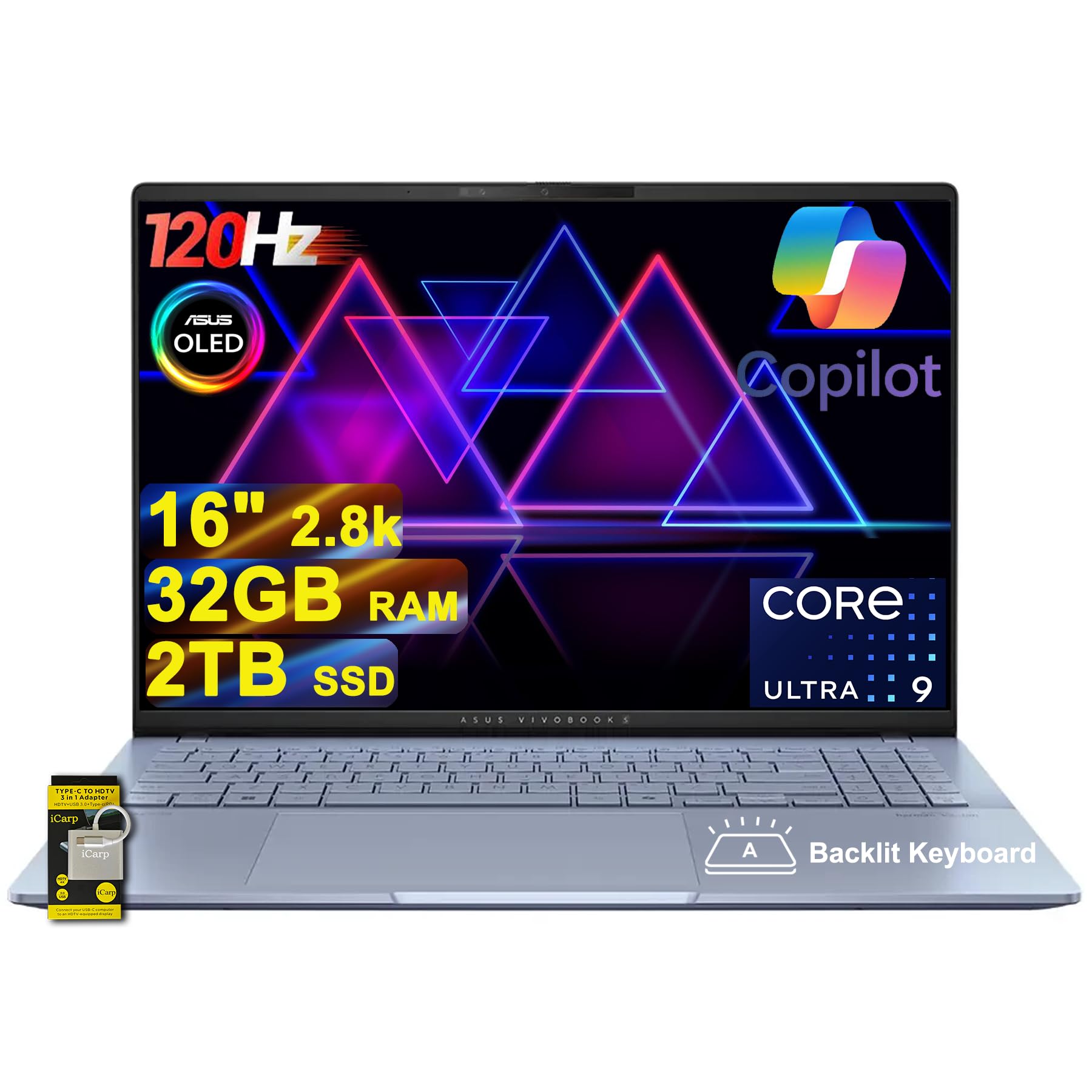ASUS Vivobook S16 AI PC Laptop 16 2.8k OLED 120Hz (600nits, 100% DCI-P3) Intel 16-core Ultra 9 285H 32GB RAM 2TB SSD Backlit for