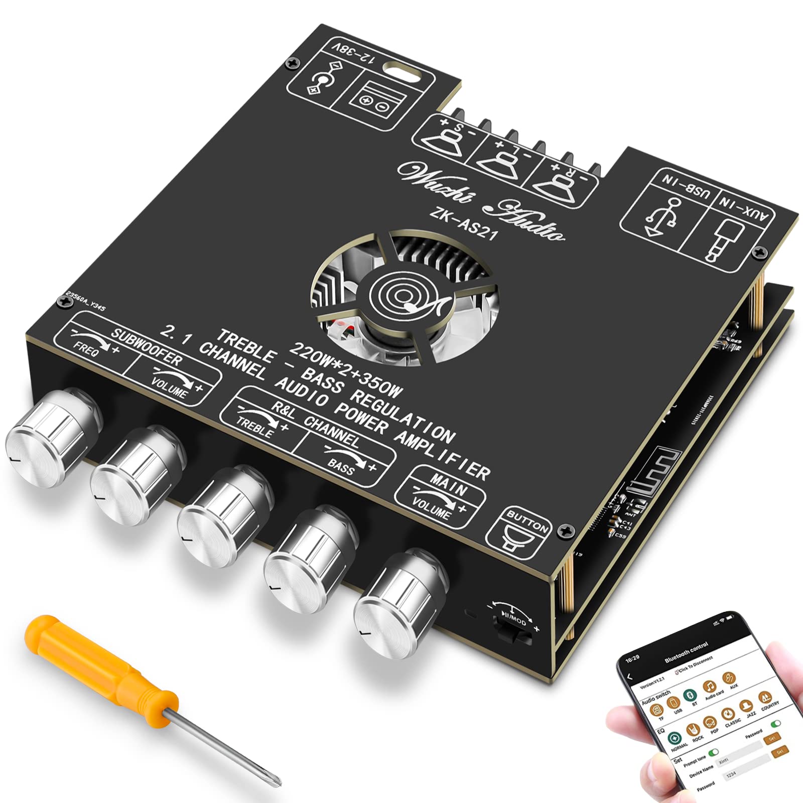 Bluetooth Power Amplifier Board Stereo   Hifi 2.1 Channel 2X220W+350W Bluetooth 5.1 16 32V Digital Power Audio Amplifier Module Subwoofer Control With Aux/Bluetooth/Usb Flash Drive (Zk As21)