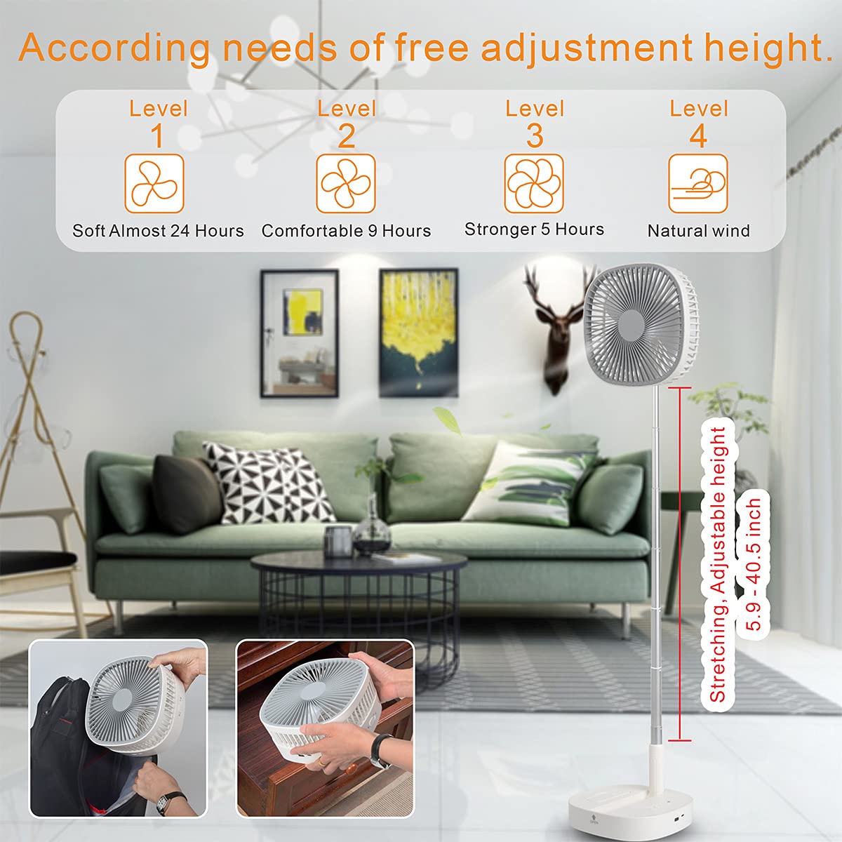 Portable Pedestal Fan   Foldaway Standing Fan Foldable Desk Fan, Use 7200Mah Rechargeable Battery, Remote Control Telescopic 4 S