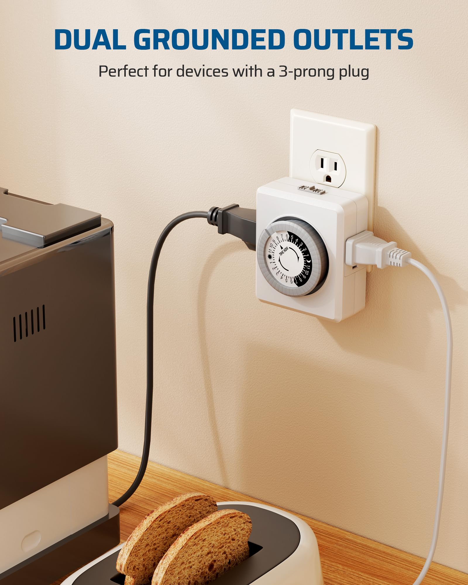 Dewenwils 24 Hour Cycle Plug-In Mechanical Timer 2 Pack, Indoor Timer For Electrical Outlets, 30-Minute Intervals, Dual 3 Prong