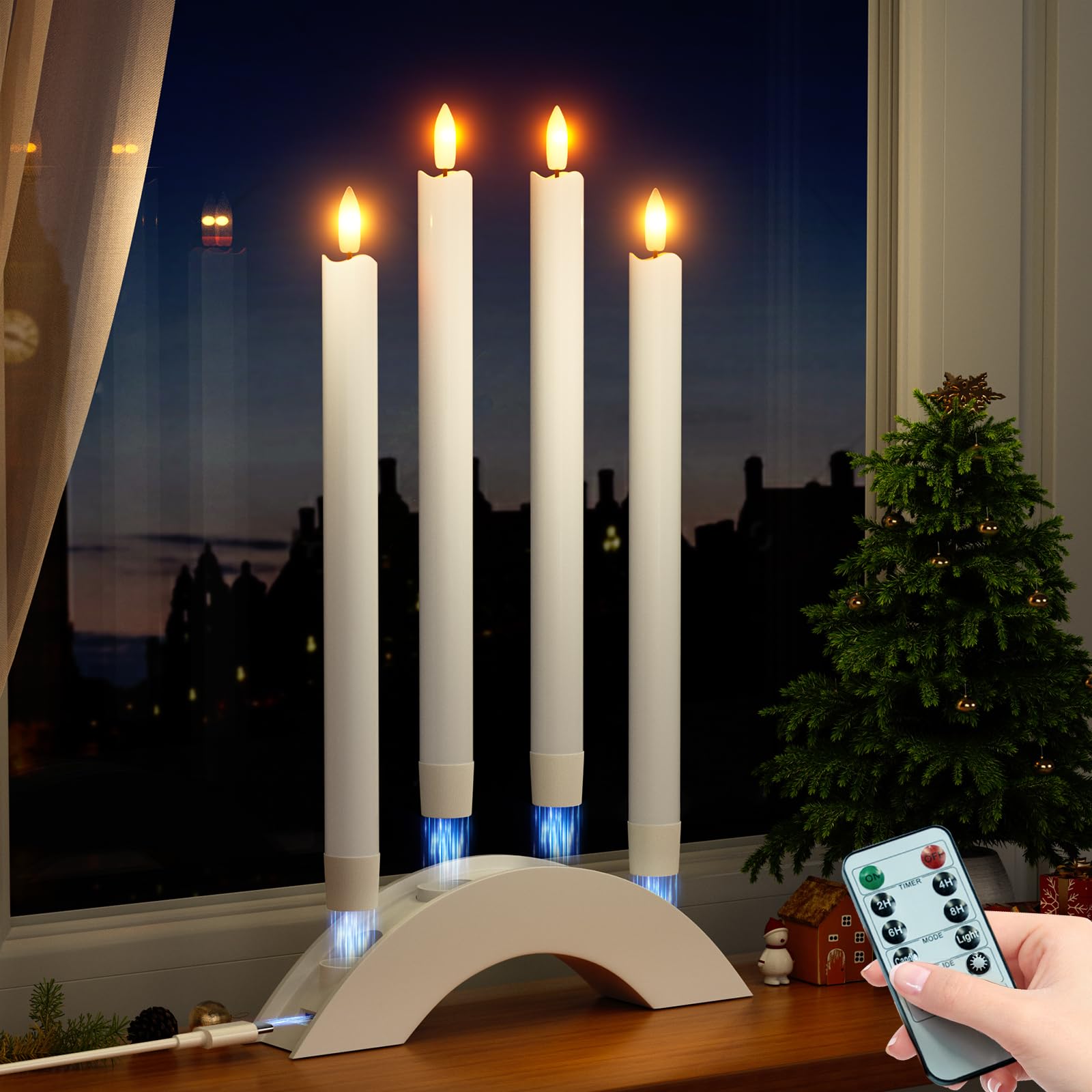 BUTHY Rechargeable Flameless Taper Candles with Charging Station & Remote Timer 4Pcs Led Candlesticks Battery Operated Flickerin
