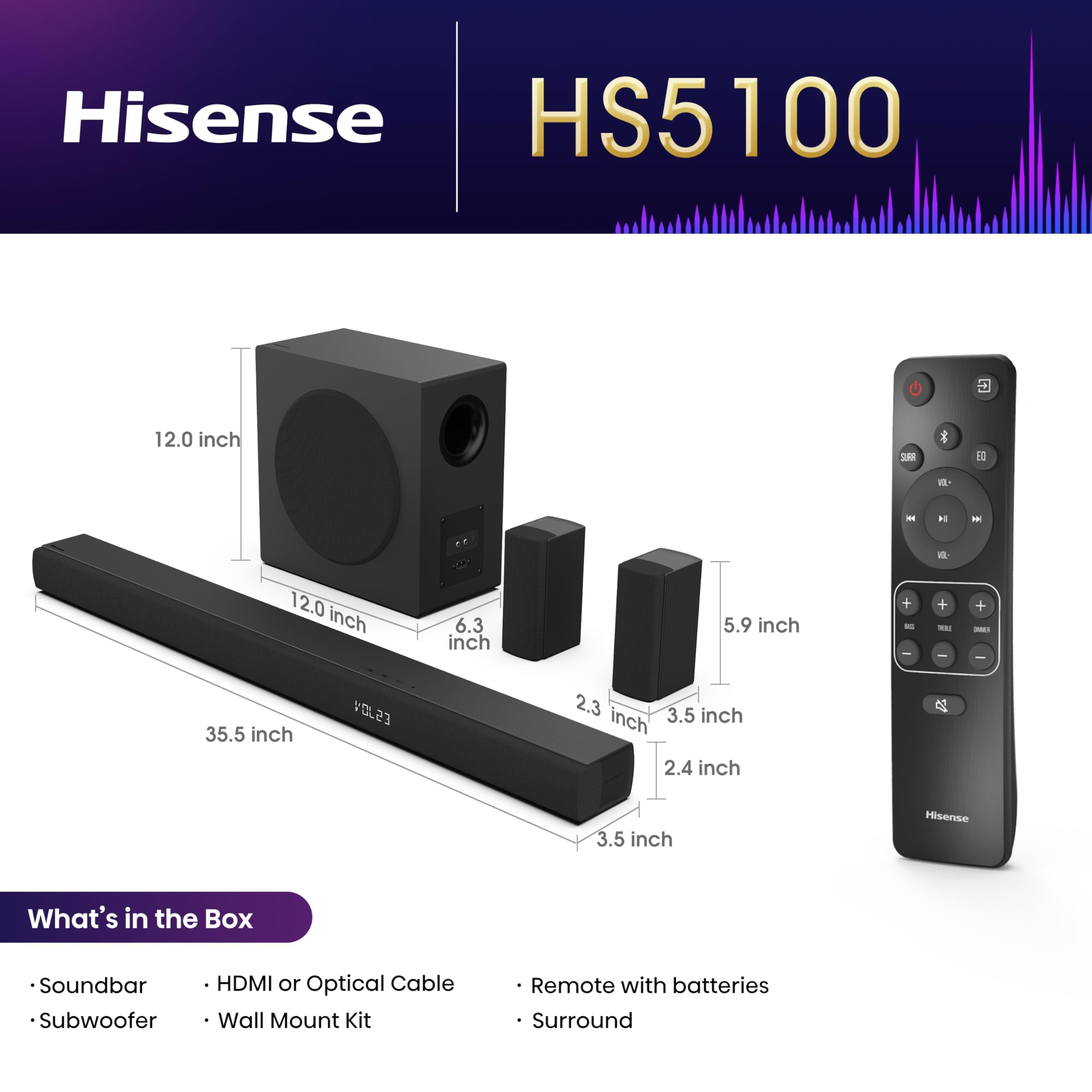 Hisense Hs5100 5.1Ch Sound Bar With Wireless Subwoofer, 540W, Dolby Digital Plus, Bluetooth 5.3, Ezplay, Roku Tv Ready, Dts: X,