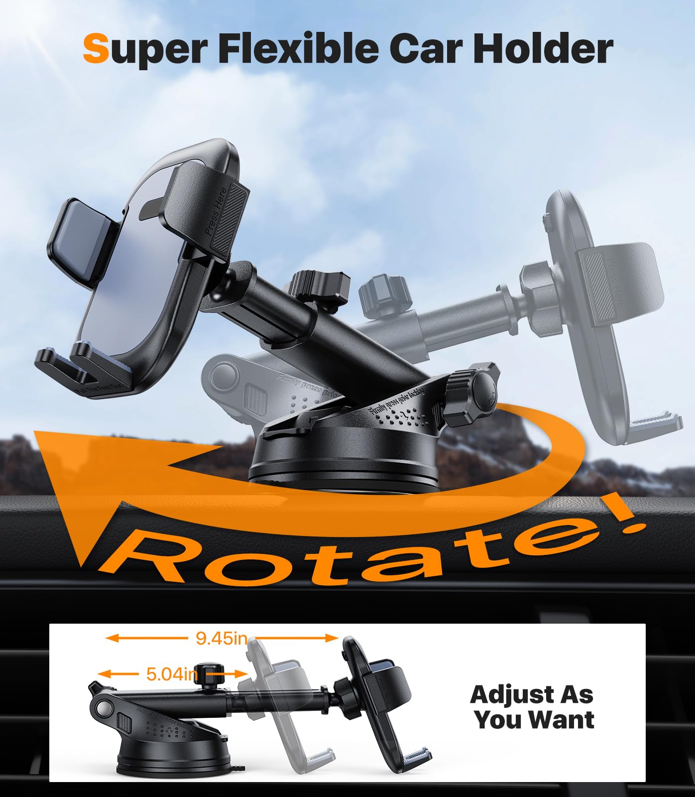 Hitolza Ultra Stable Phone Holders For Your Car [Powerful & 360 Adjustable Suction Cup] Universal Car Phone Holder Mount Long Ar