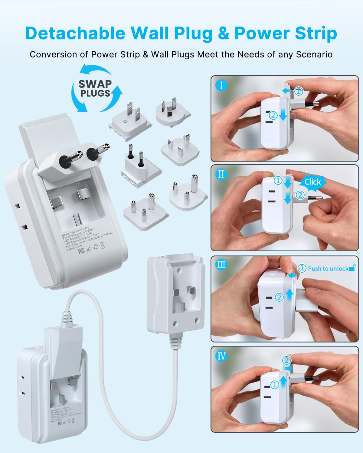 Vintar Universal Travel Adapter Kit, 5Ft Detachable Extension Cord With 4 Ac Outlets & 3 Usb(2 Usb C), Type A/C/G/D/I/M Internat