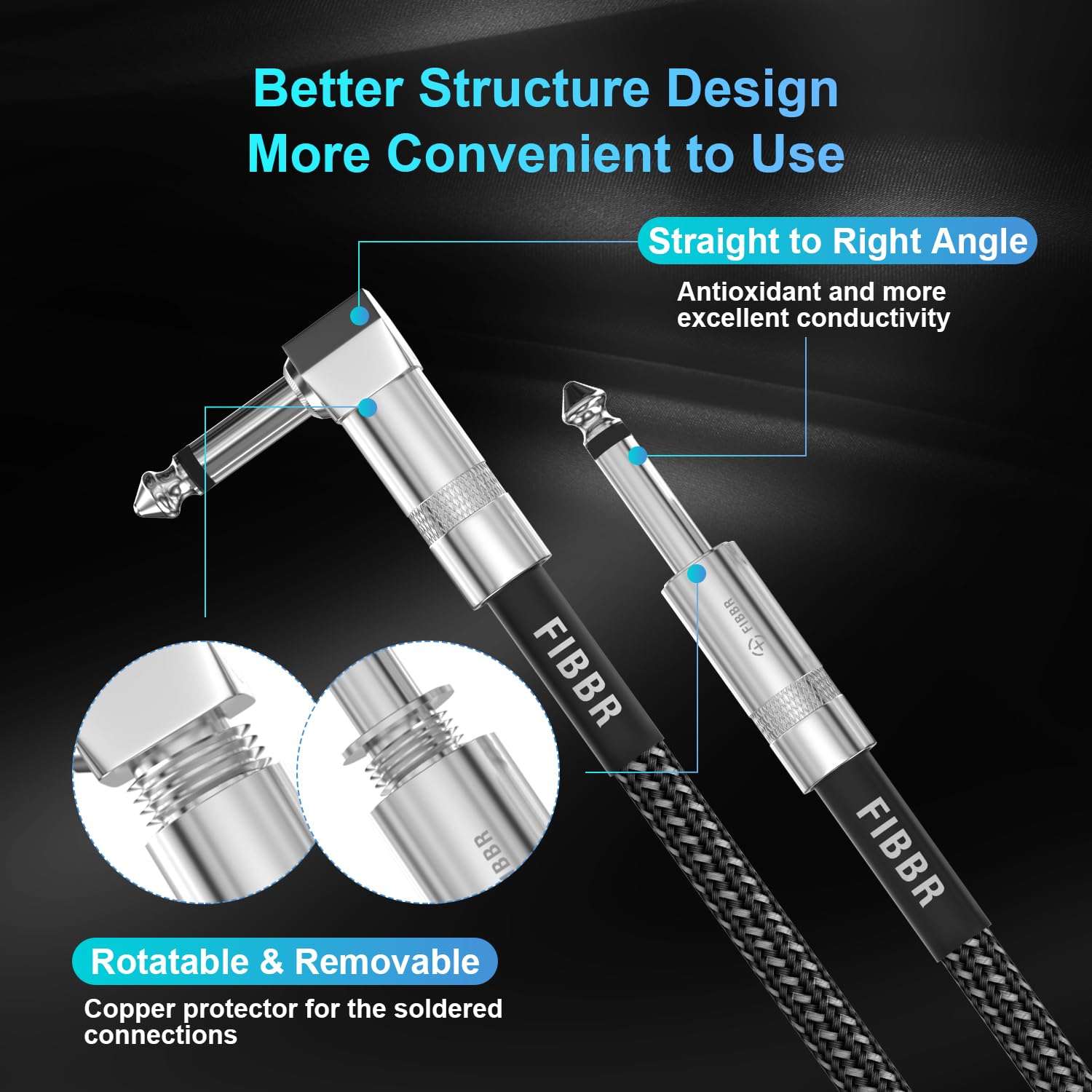 Fibbr Guitar Cable(2Pack 10Ft), Right Angle 1/4 Instrument Cable For Electric Guitar, Bass Guitar, Electric Mandolin, Pro Audio