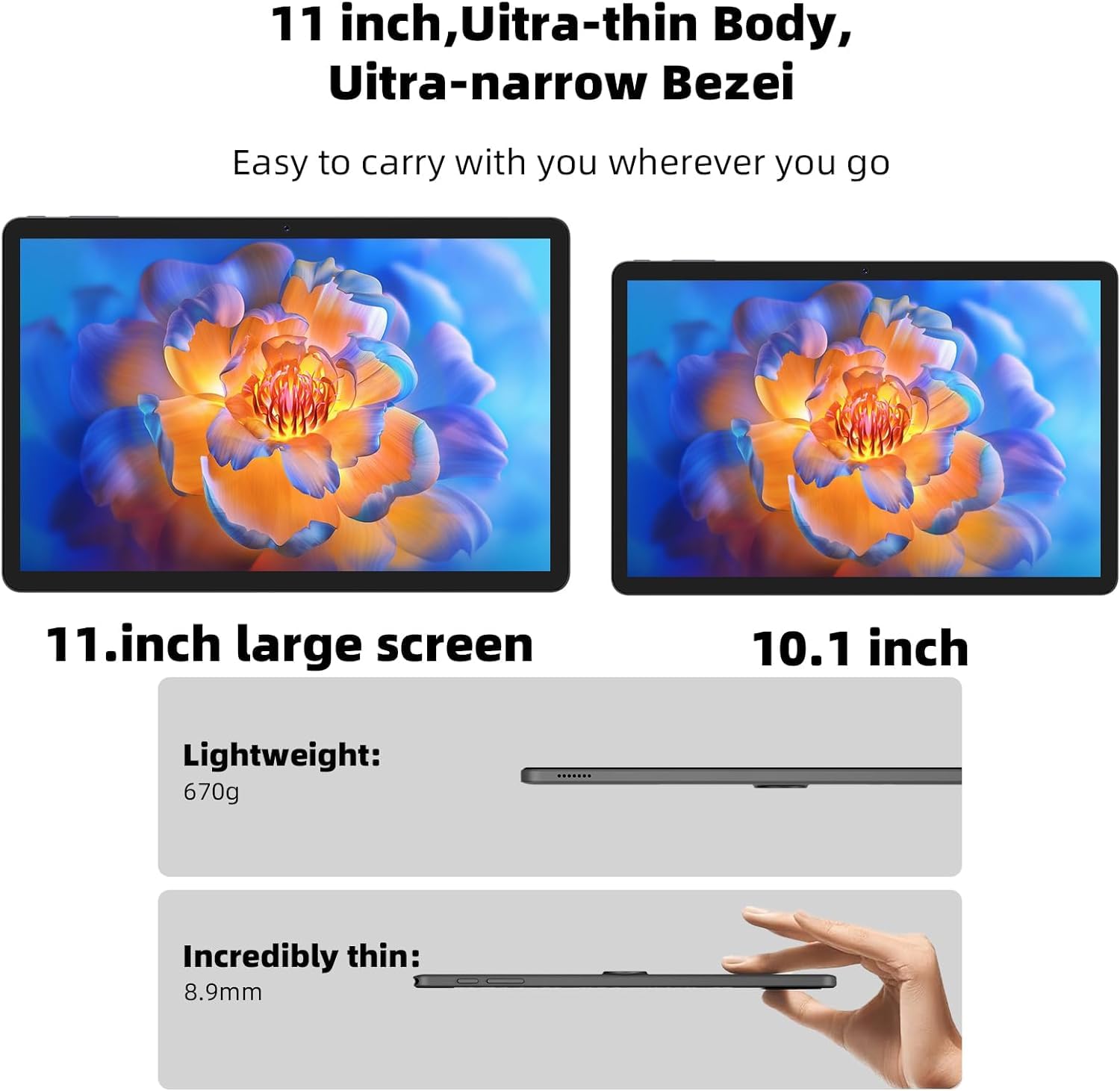 Android 14 Tablet, 11Inch Tablets, 12Gb+128Gb+512Gb, Support Face Unlock, 8000Mah Large Battery+18W Fast Charging , Octa Core Pr