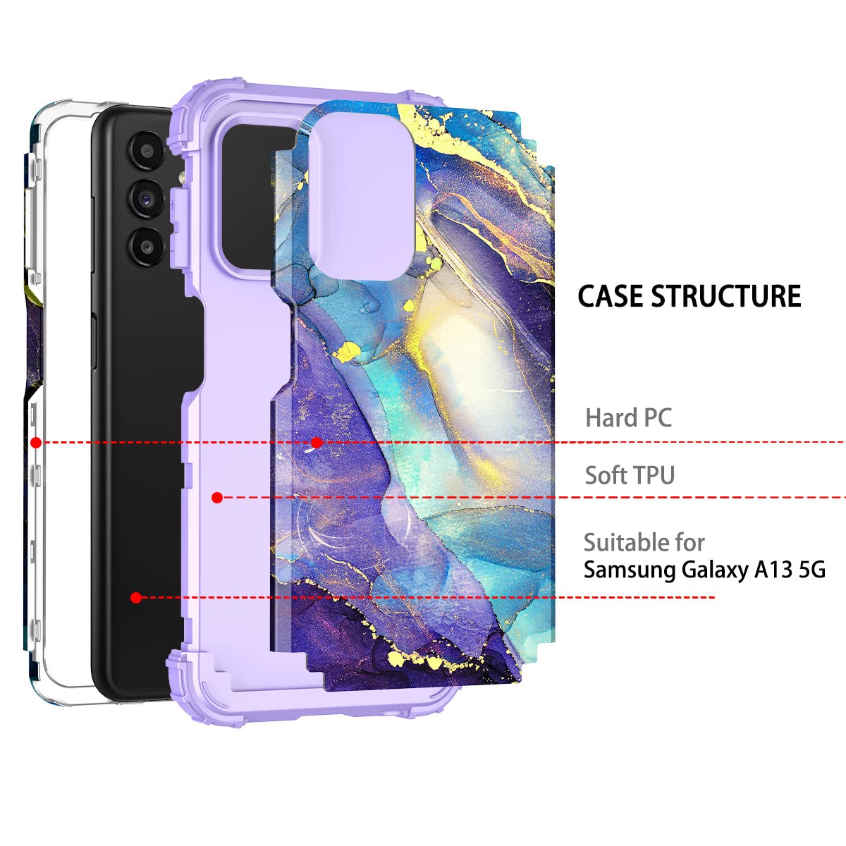 Rancase Samsung Galaxy A13 5G Case Three Layer Heavy Duty Shockproof Polycarbonate Silicone Amethyst Purple