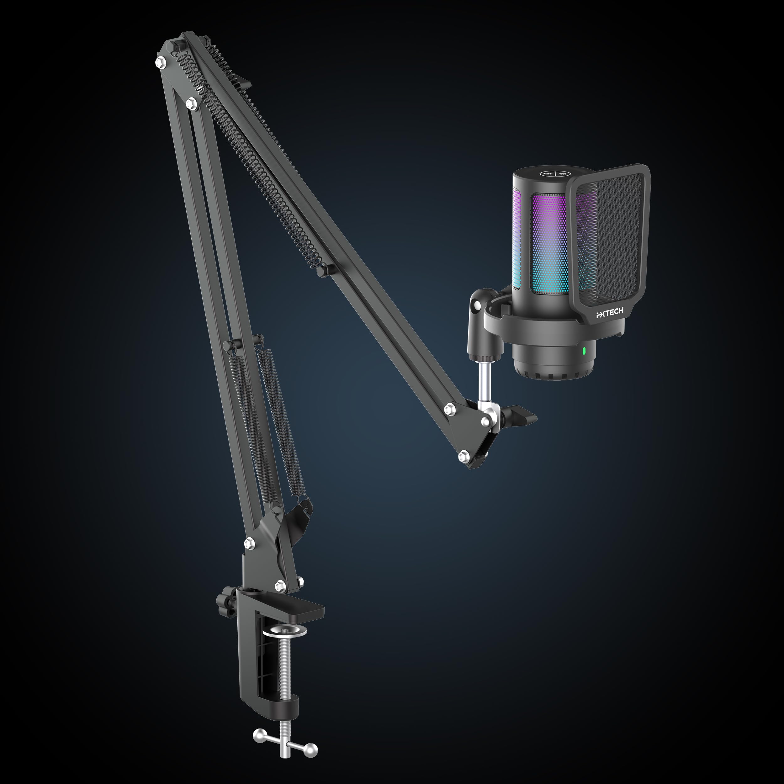 Ixtech Gaming Microphone For Pc With Boom Arm, Podcast Condenser Mic With Pop Filter, Quick Mute Button, Gain Knob, Mic Arm And