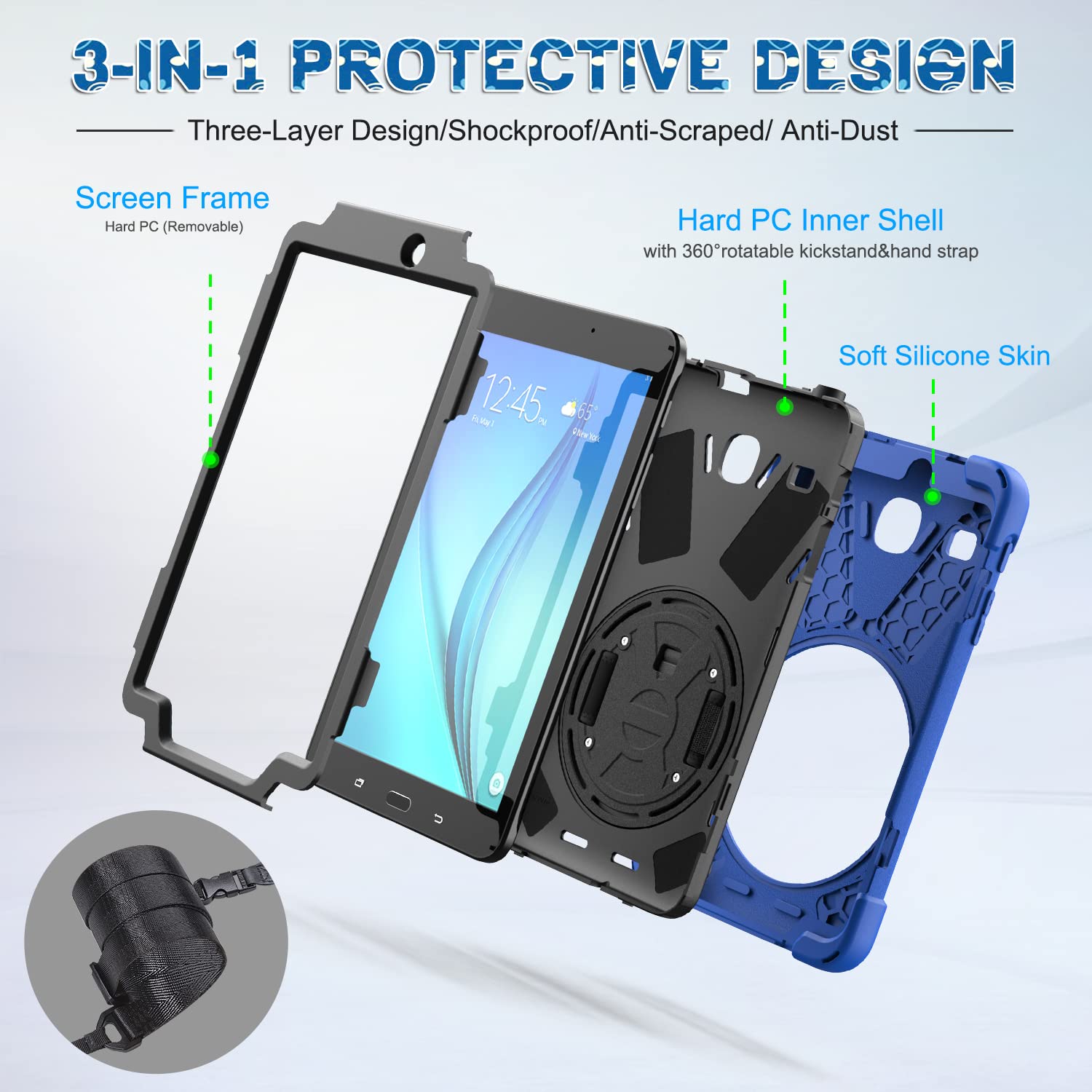 Braecnstock Samsung Galaxy Tab E 8.0 Case (Sm T375/T377/T378), Heavy Duty Shockproof Protective Cover With 360 Stand&Hand Strap,