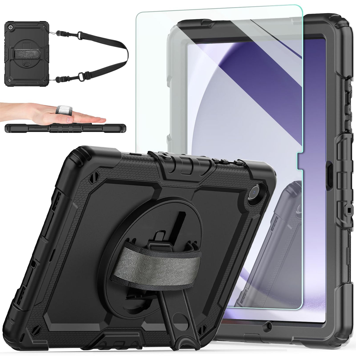 Ambison Case For Samsung Galaxy Tab A9+ 11'' 2023, [Kids Proof] Full Body Protective Case With 9H Tempered Glass Screen Protector, 360° Rotatable Kickstand & Hand Strap (Black)