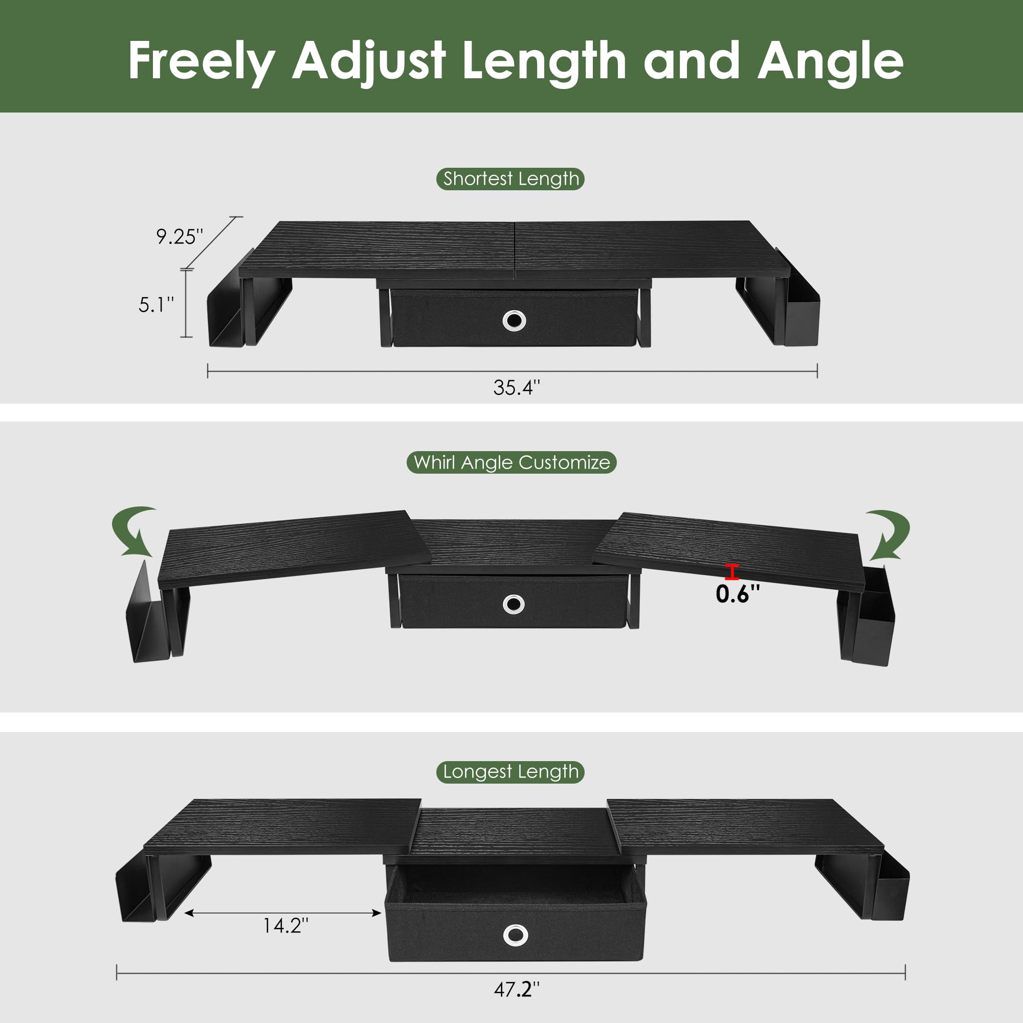 Dual Monitor Stand Riser W/ Drawer & Metal Leg, Large Computer Monitor Riser W/ Storage For 2 Monitors, Desk Shelf For Monitor W