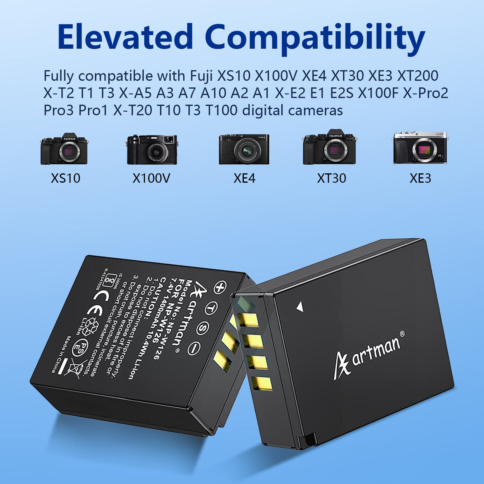 Artman Np W126 Np W126S Battery And Lcd Dual Charger For Fujifilm X100V, X100Vi, X100F, X T100, X T200, X T1, X T2, X T3, X T10,