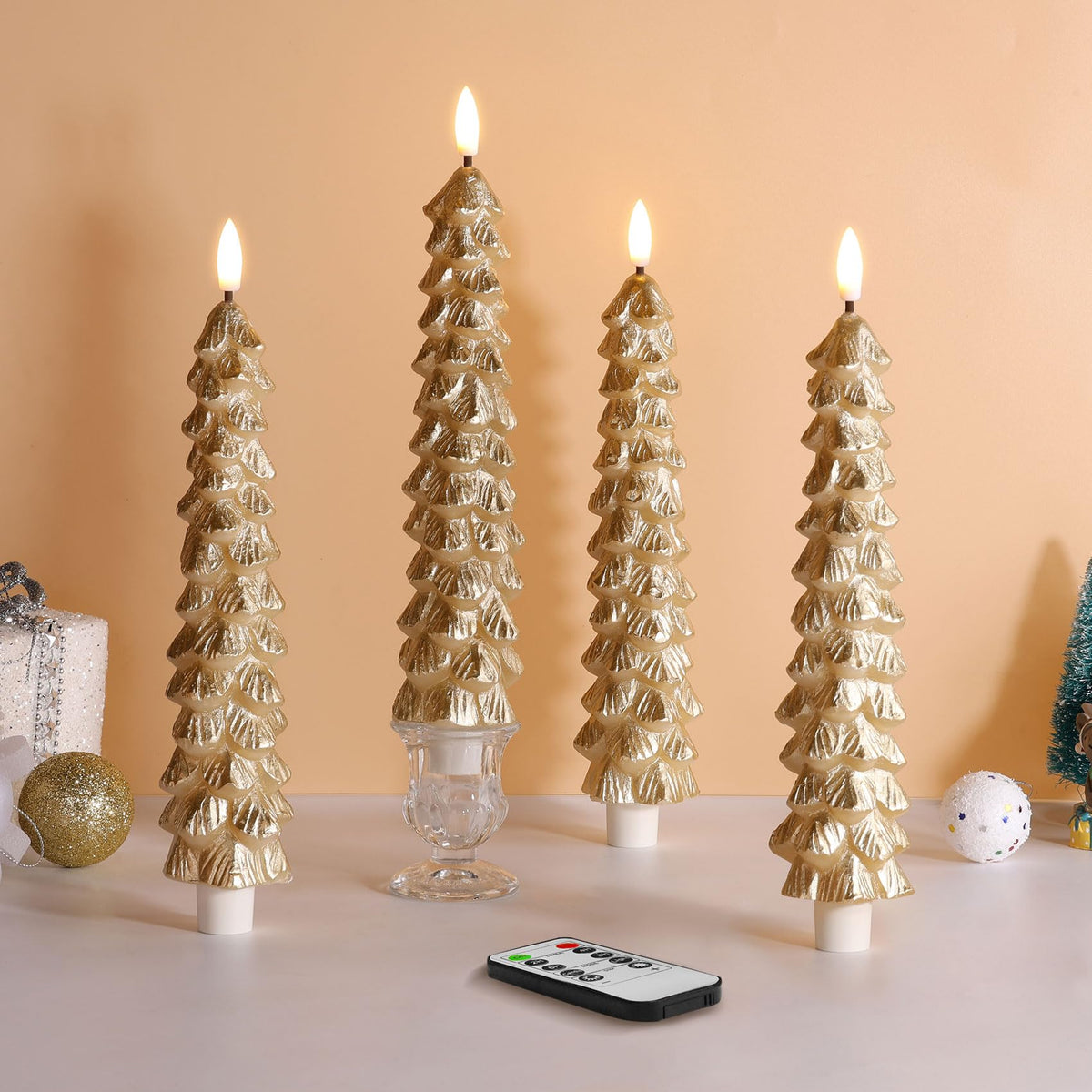 Eywamage Gold Christmas Tree Candles With Remote, Real Wax Flickering Flameless Led Taper Candles Set Of 4