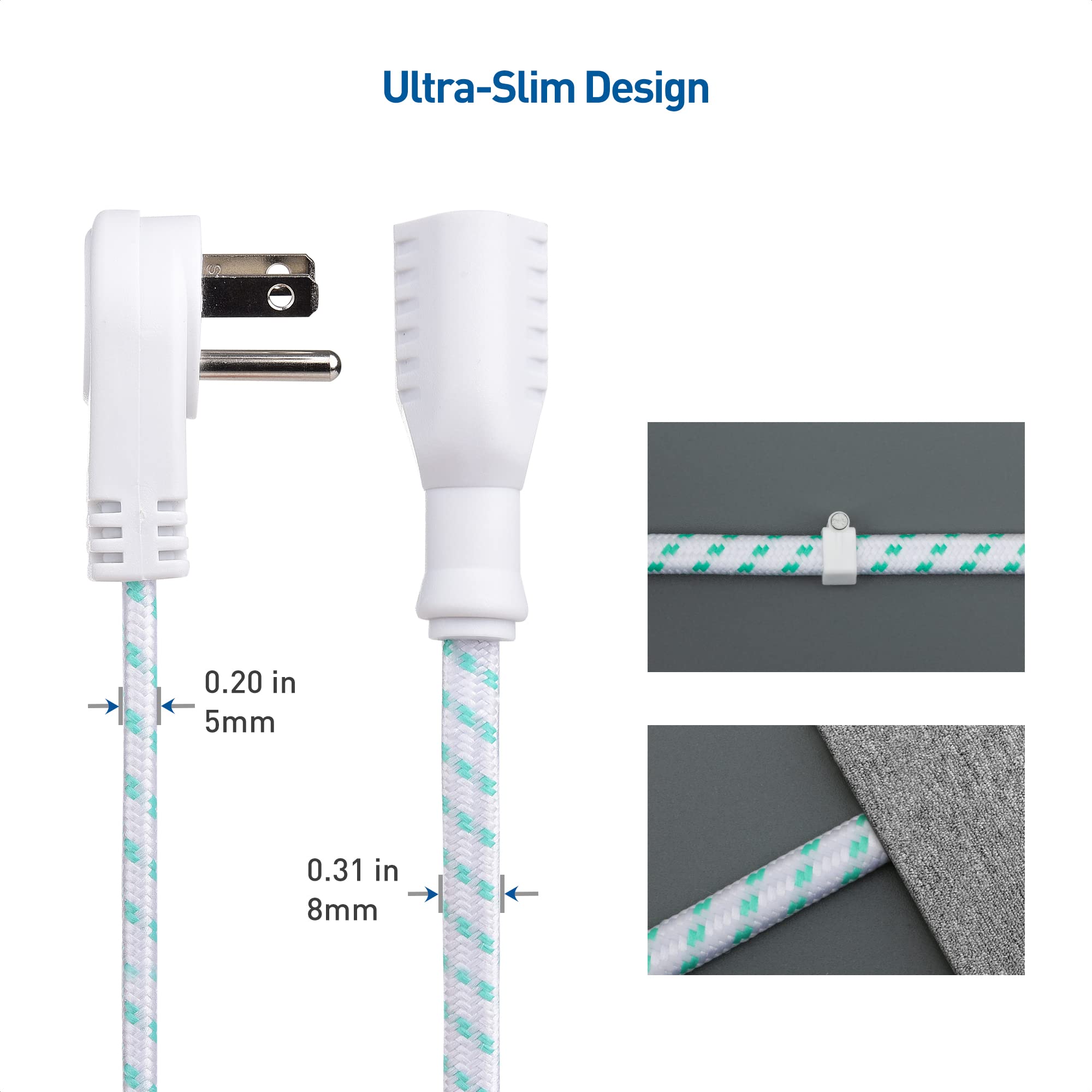 Cable Matters 2 Pack Braided Low Profile Flat Power Cord 10 Ft, 3 Prong (Flat Plug Extension Cord, Under Rug Power Extension Cor