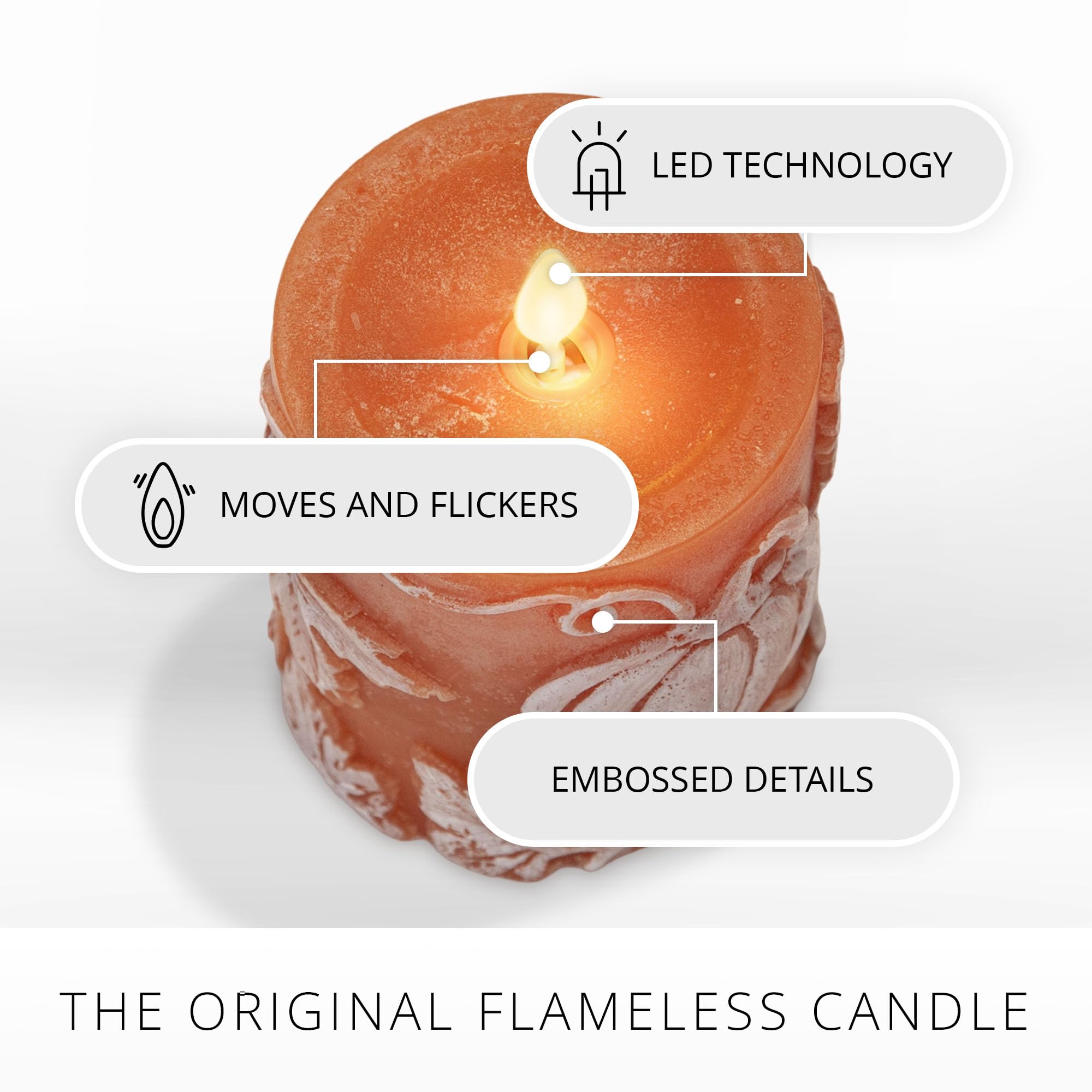 Luminara Embossed Leaves And Pumpkins Moving Flame Pillar Candle 3.25'' X 4.5'' With Recessed Edge Unscented Real Wax Led Batter