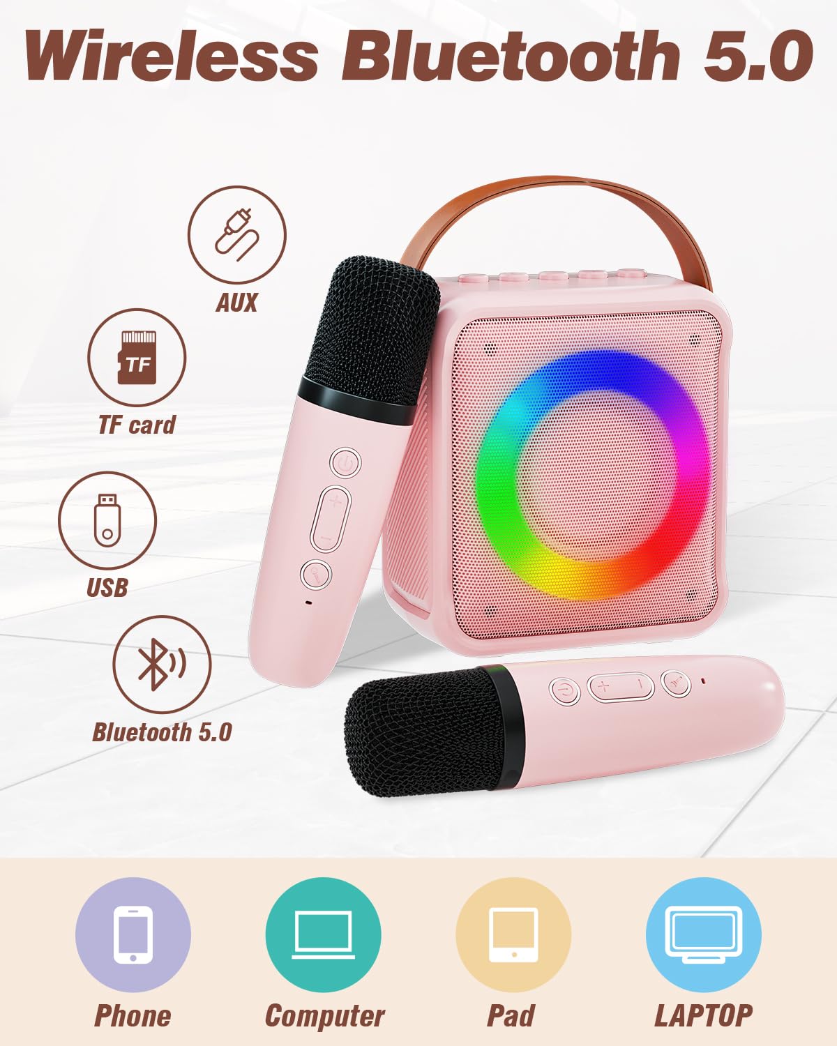 Verkb Mini Karaoke Machine For Kids Adults, Portable Bluetooth Speaker With 2 Wireless Microphones, Microphone Speaker Set With