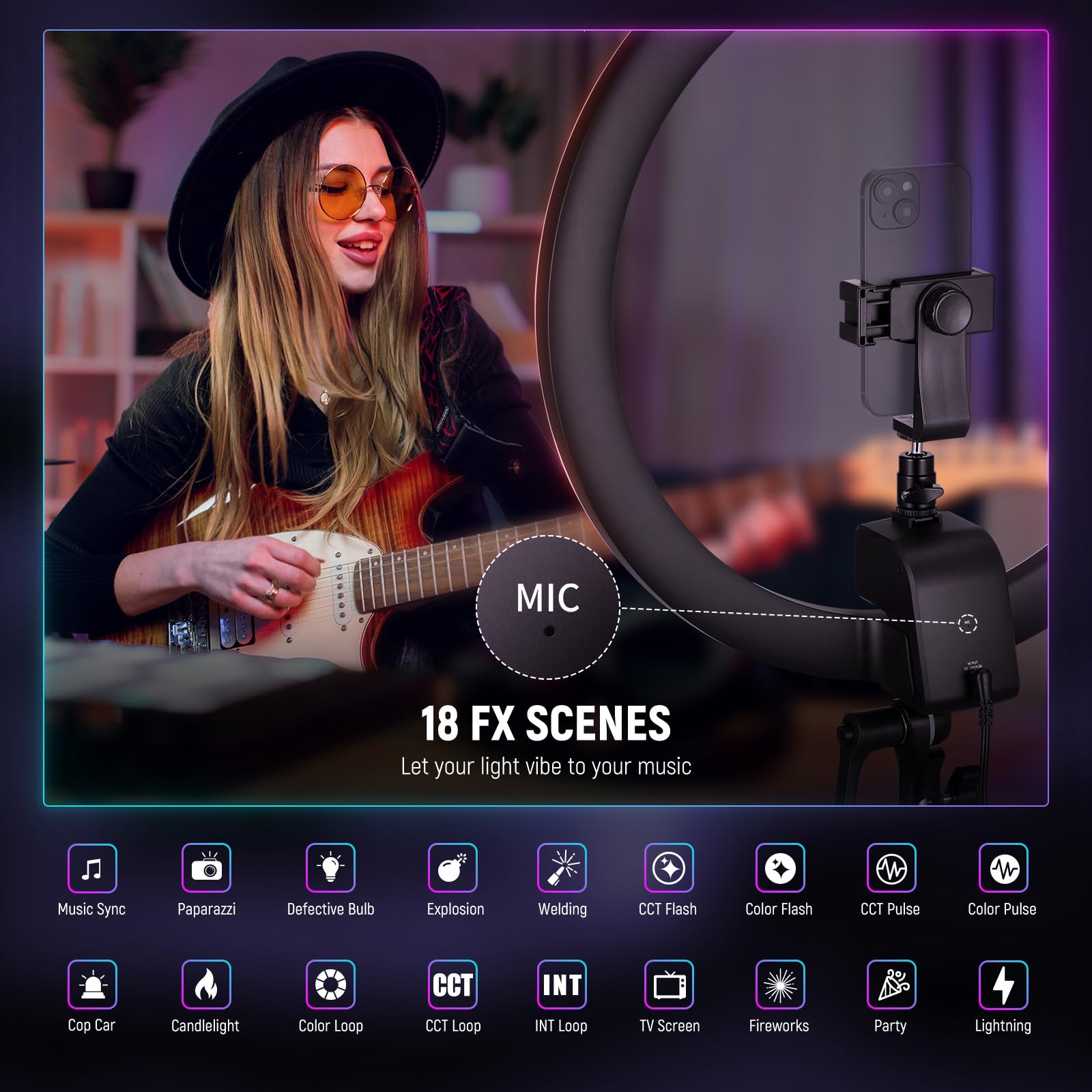 Neewer Srp18C Rgb Led Ring Light Kit, Ultra Slim App Control With Reversible Light Stand, Phone Holder, Ball Head, 2500K 10000K,