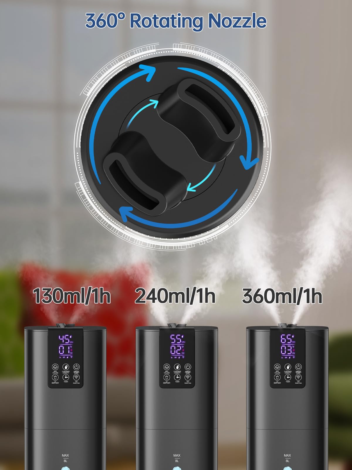 8L Smart Humidifiers For Bedroom Large Room, 2.1Gal Cool Mist Top Fill Diffuser Ambient Light, Wifi App & Remote Control, 3 Mist