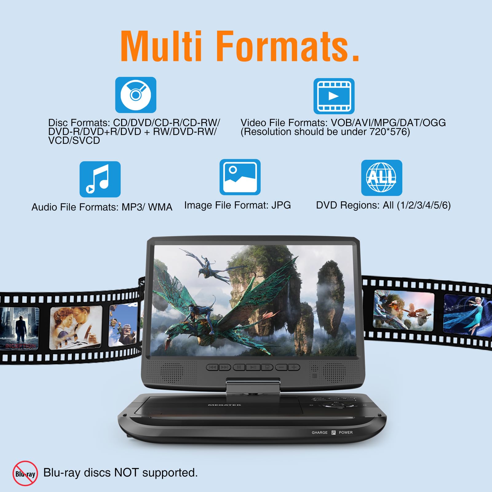 Megatek 12.5'' Portable Dvd Player With 10.5'' Hd Swivel Screen, Upgraded 6 Hour Rechargeable Battery, Play Cd/Dvd/Usb/Sd Card,