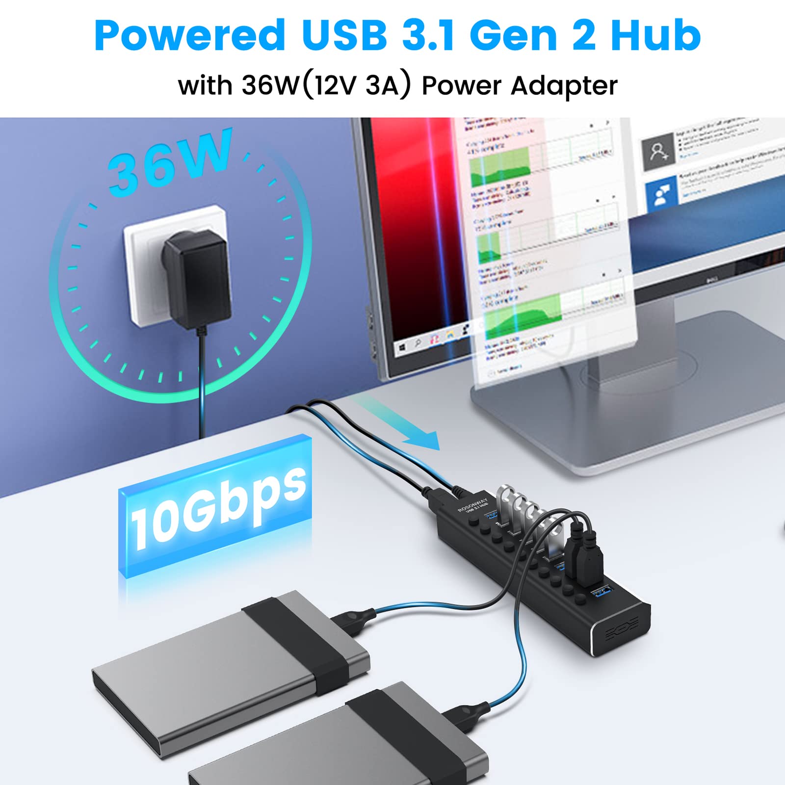Powered Usb Hub, Rosonway 10 Port Usb 3.1/3.2 Gen 2 Hub 10Gbps With 36W (12V/3A) Power Adapter, Type A And Type C Cables, Alumin