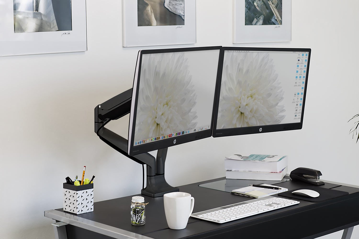 Mount It! Dual Monitor Arm Mount | Desk Stand | Two Articulating Gas Spring Height Adjustable Arms | Fits 2 x 24 27 29 30 32 Inch VESA 75 100 Compatible Screens | C Clamp and Grommet Bases (Black)
