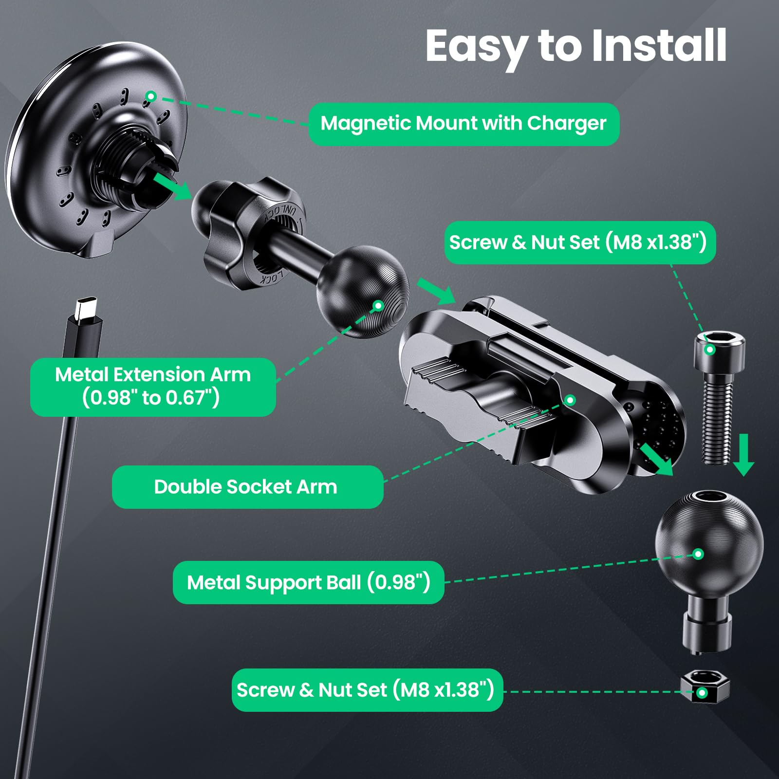 Kaishengyuan Dash Mount Wireless Charger Magnetic Holder With Metal Double Socket Arm & 360 Rotating Extension Mounting Arm & 0.