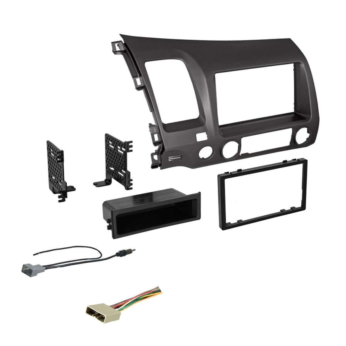 Dark Metallic Double Din Dash Kit For 2006 2011 Civic With Antenna Adapter & Harness, Compatible With All Trim Levels