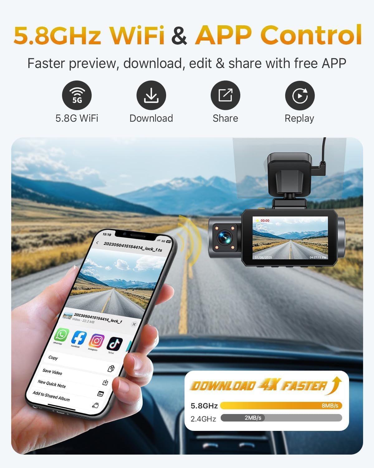Gku 4K 3 Channel Dash Cam, 5.8Ghz Wifi Built-In Gps, 4K+1080P+1080P Dash Cam Front And Rear Inside, 64Gb Card Inserted, 24H Park