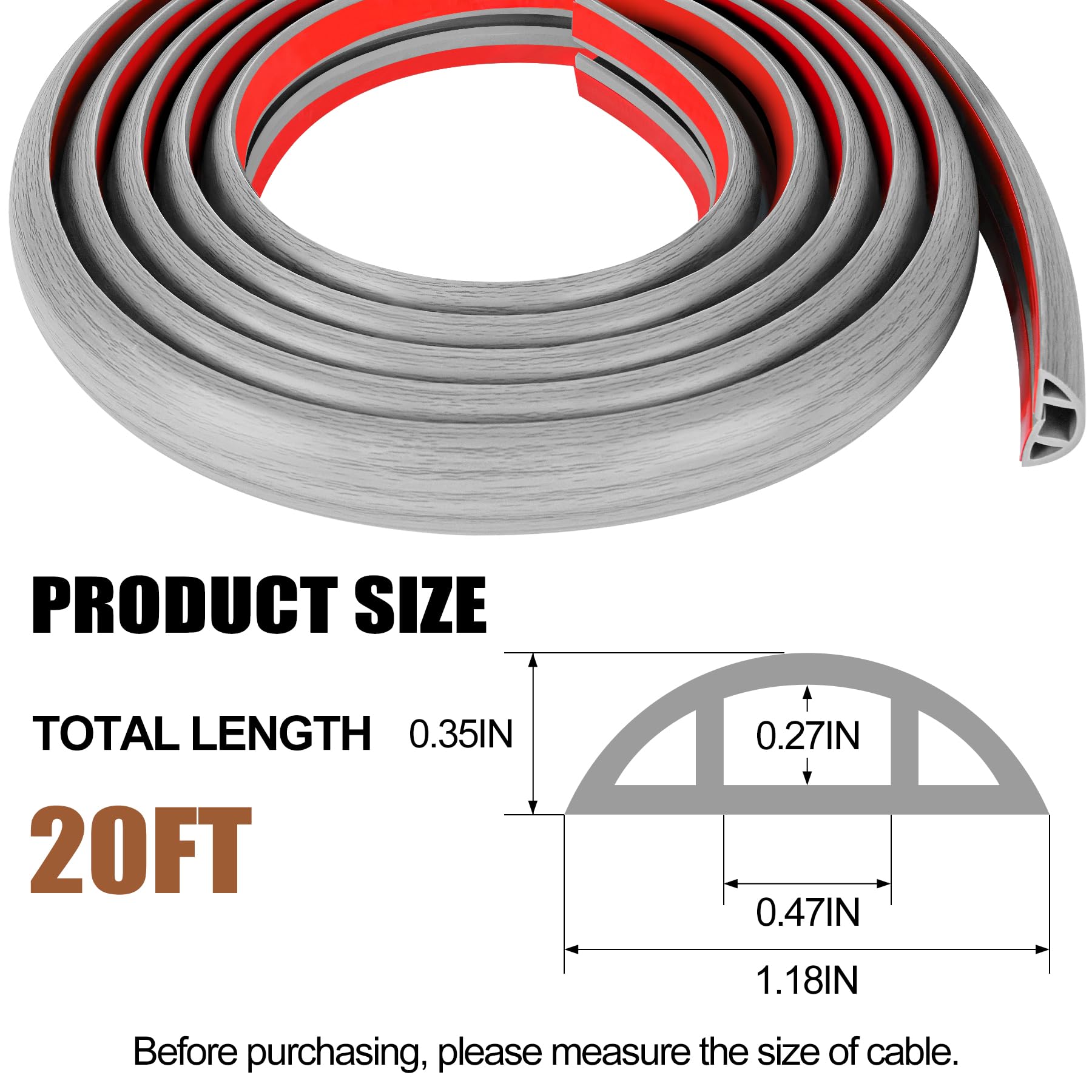 Myfamirea 20Ft Floor Cord Cover For Wire Self Adhesive Cable Cavity Management Pvc Extension Cord Hider Power Floor Wire Protect