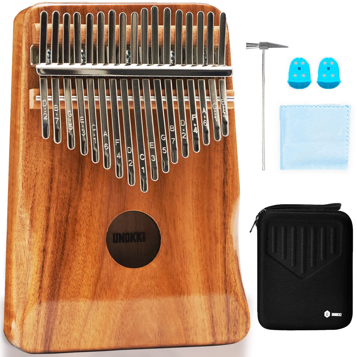 Unokki 17 Key Kalimba Thumb Piano With Ore Steel Tines | Includes Hard Case, Tuning Hammer, Hand Rest & More | Acacia Mbira Fini