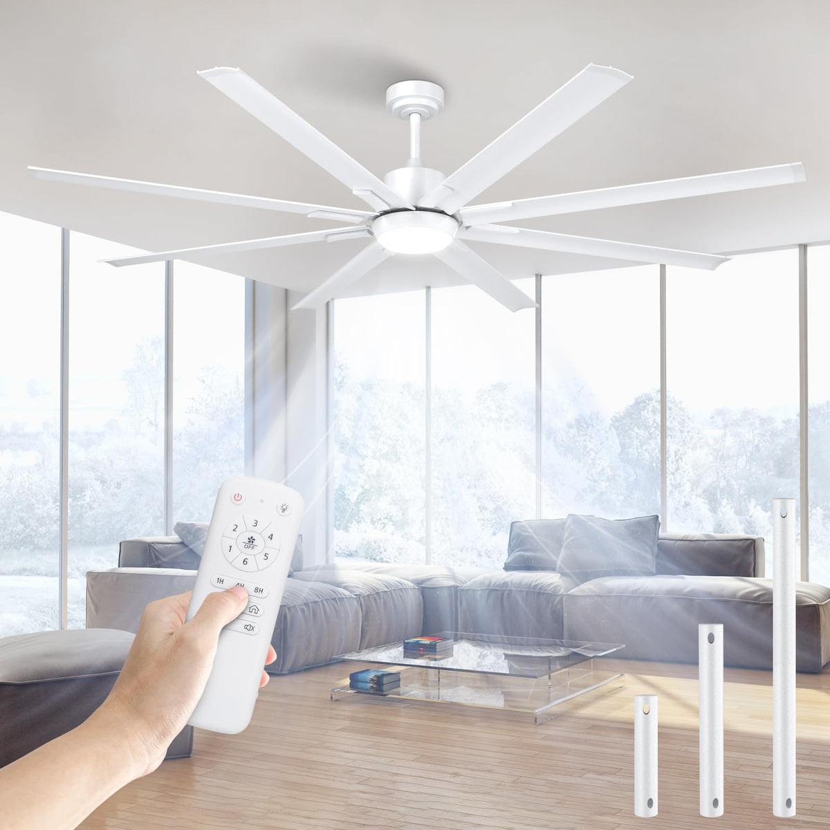72 Inch Large Industrial Ceiling Fan With Light And Remote 8 Aluminium Blades Ceiling Fan With Energy Efficient Dc Motor, Revers