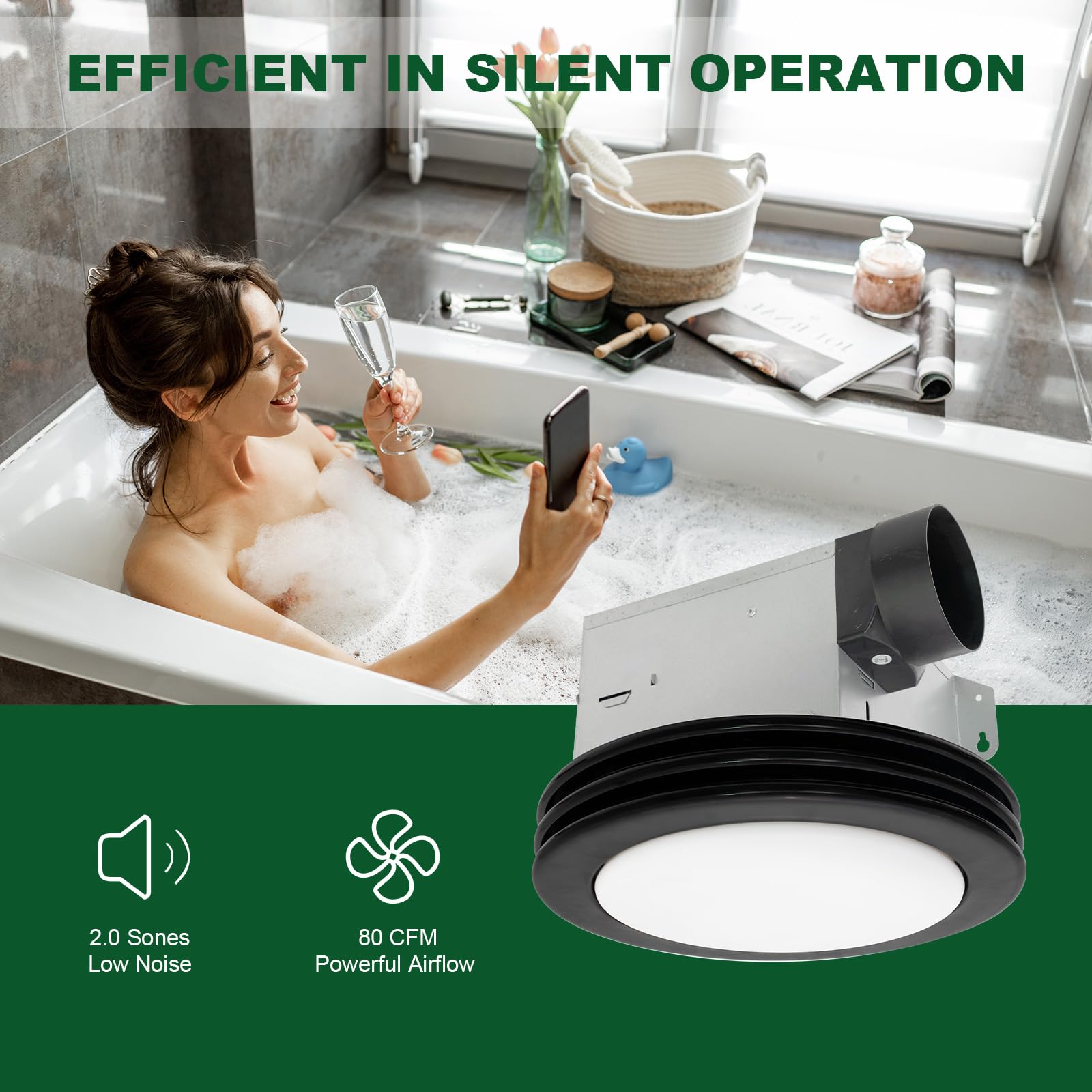 Akicon Bathroom Exhaust Fan With Light, 80Cfm 2.0 Sones Round Bathroom Fan Light Combo, Dimmable 3Cct Led Light Bathroom Fan Wit
