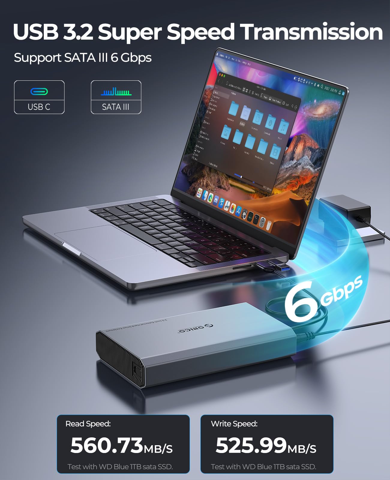 ORICO Aluminum 3.5 Hard Drive Enclosure with USB 3.2 Gen 2 6Gbps Transfer Speed, Fit for 3.5/2.5 Inch SATA HDD SSD Up to 20TB, USB C to USB C/A 2 in 1 Cable Compatible with MacBook Windows(DD35 C3)