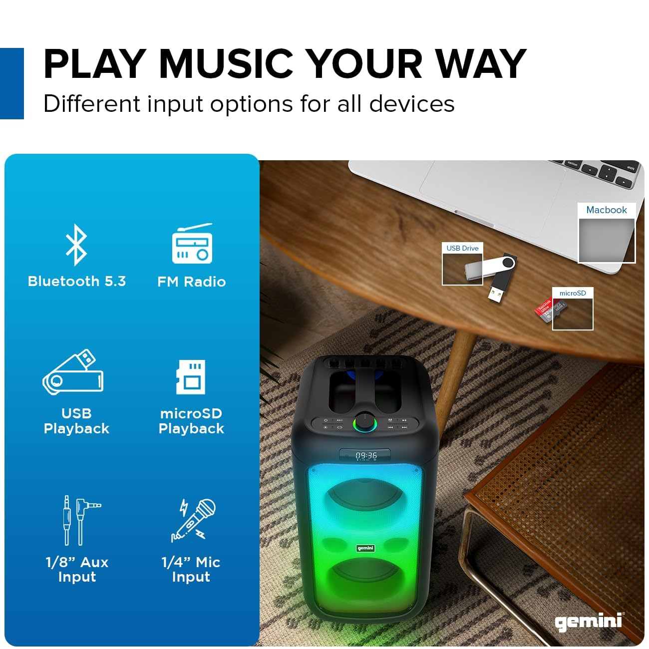 Gemini Sound Ggo 2650L Portable Bluetooth Boombox   200W Dual 6.5' Woofers, Led Party Lighting, Tws Pairing, Wireless Mic, Usb, Aux, Rechargeable Battery, 9Hr Play Time