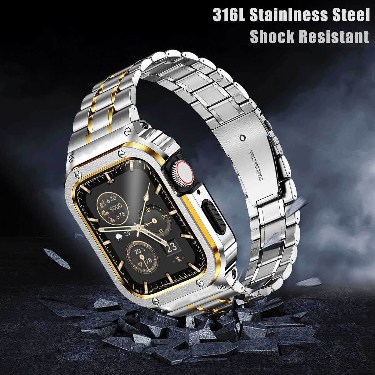 Miohhr Stainless Steel Watch Band With Case Compatible With Apple Watch Series 9/8/7(45Mm),Rugged Strap With Metal Protective Bu