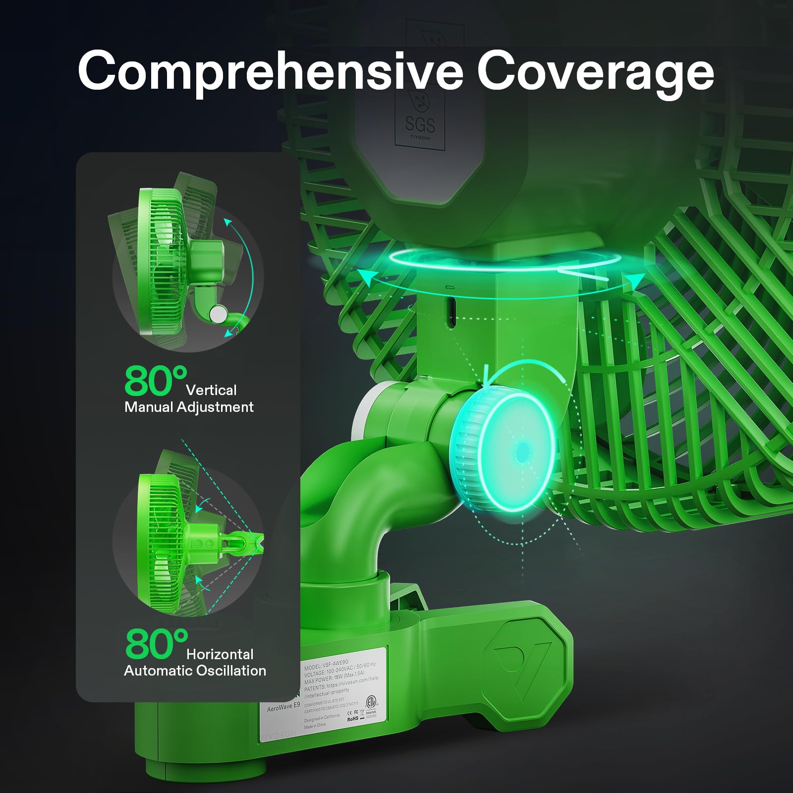 VIVOSUN AeroWave E9 Grow Tent Fan, 9 EC Motor, WiFi-Controllable, Auto Oscillating, IP54 Weatherproof, Strong Airflow, Quiet, Green