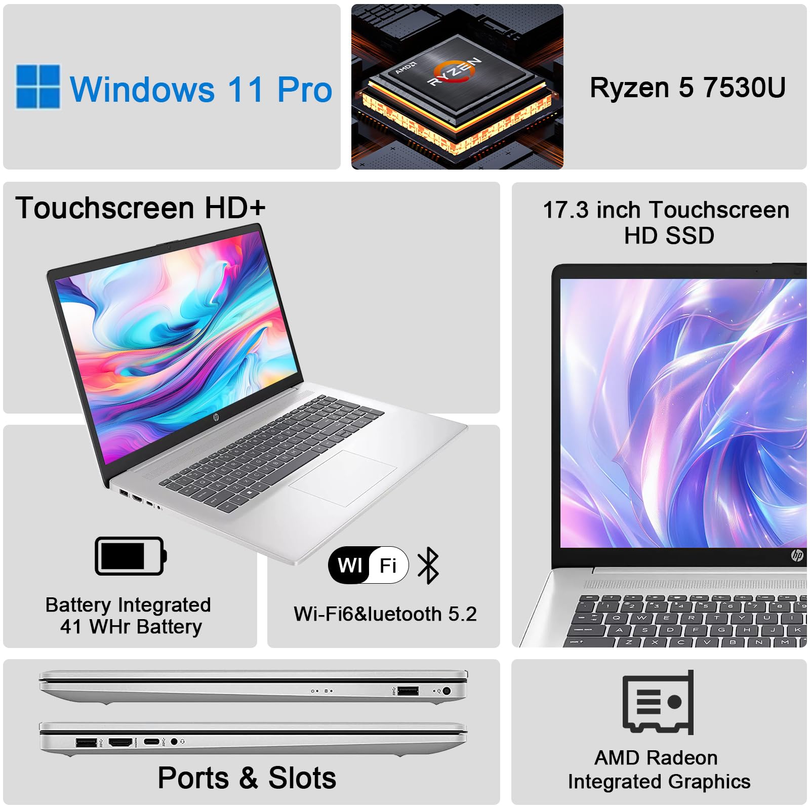 Hp 2023 Newest 17'' Laptop, Amd Ryzen 5 7530U(Beats I7 9750H), Hd Led 17.3''Touchscreen Display, 32Gb Lpddr4 Ram, 1Tb Ssd, Win11