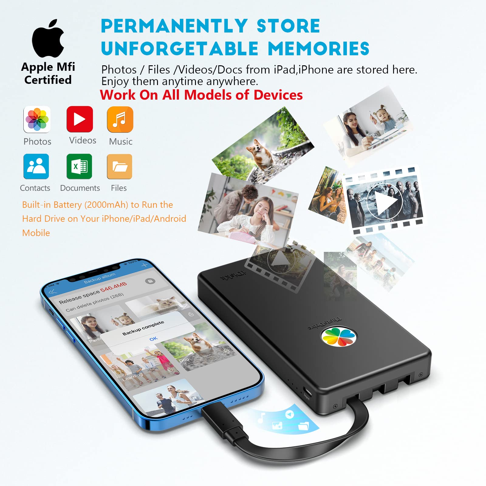 Idiskk App Le Certified 2Tb External Hard Drive For Iphone Ipad Android Phones,Macbook,Computer To Backup Docs| Photos | Videos,Iphone 15 & 16 Photo Stick Photo Storage Phone Drive