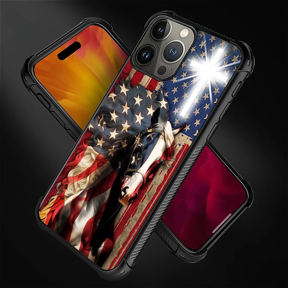Fkbrcl4U For Iphone 16 Pro Max Case, Red American Flag Horse Cross Pattern Graphic Design Girl Boy Soft Silicone Hard Acrylic Sh