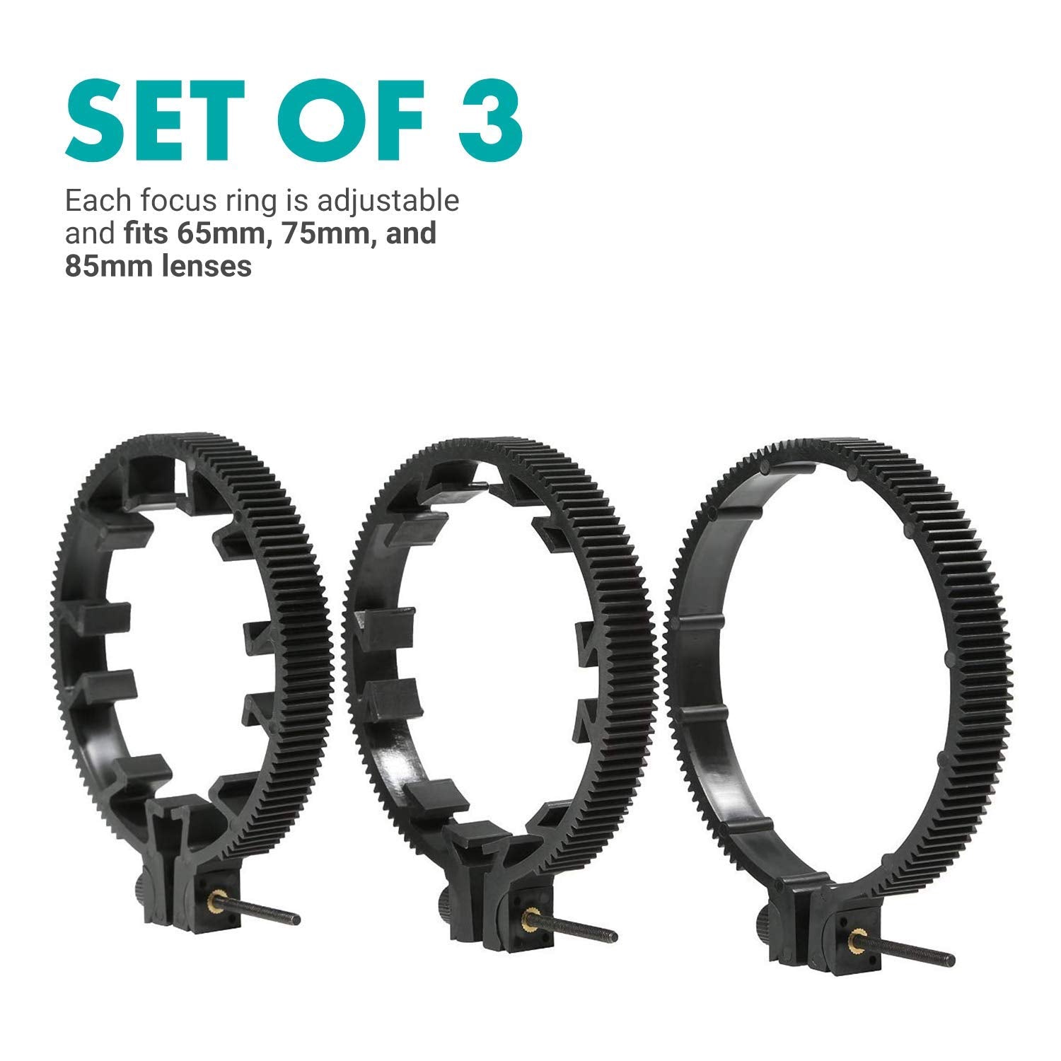 Movo Fr3 Adjustable Follow Focus Ring Set Of 3 With 65Mm, 75Mm And 85Mm Lens Gear Rings (Standard 32 Pitch   0.8 Mod)